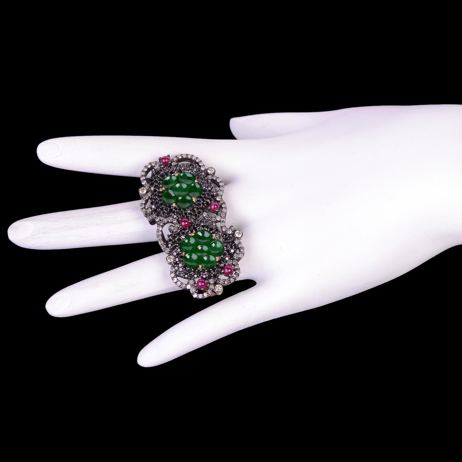 Mixed Cut Onyx & Ruby Two Finger Ring with Diamonds Made in 18k Gold & Silver For Sale