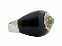 Onyx, Sapphires, Emerald, Diamonds, 14 Karat White Gold Ring.