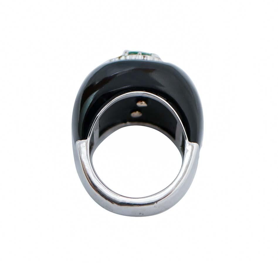 Retro Onyx, Sapphires, Emerald, Diamonds, 14 Karat White Gold Ring.