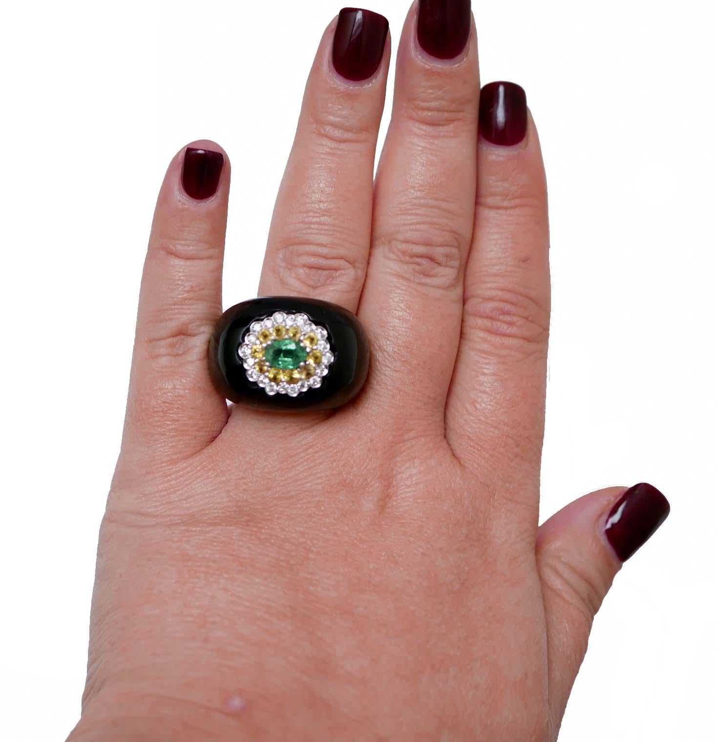 Mixed Cut Onyx, Sapphires, Emerald, Diamonds, 14 Karat White Gold Ring.