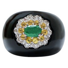 Onyx, Sapphires, Emerald, Diamonds, 14 Karat White Gold Ring.