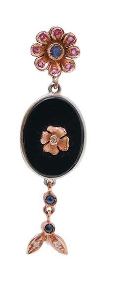 Onyx, Sapphires, Rubies, Diamonds, Rose Gold and Silver Earrings.