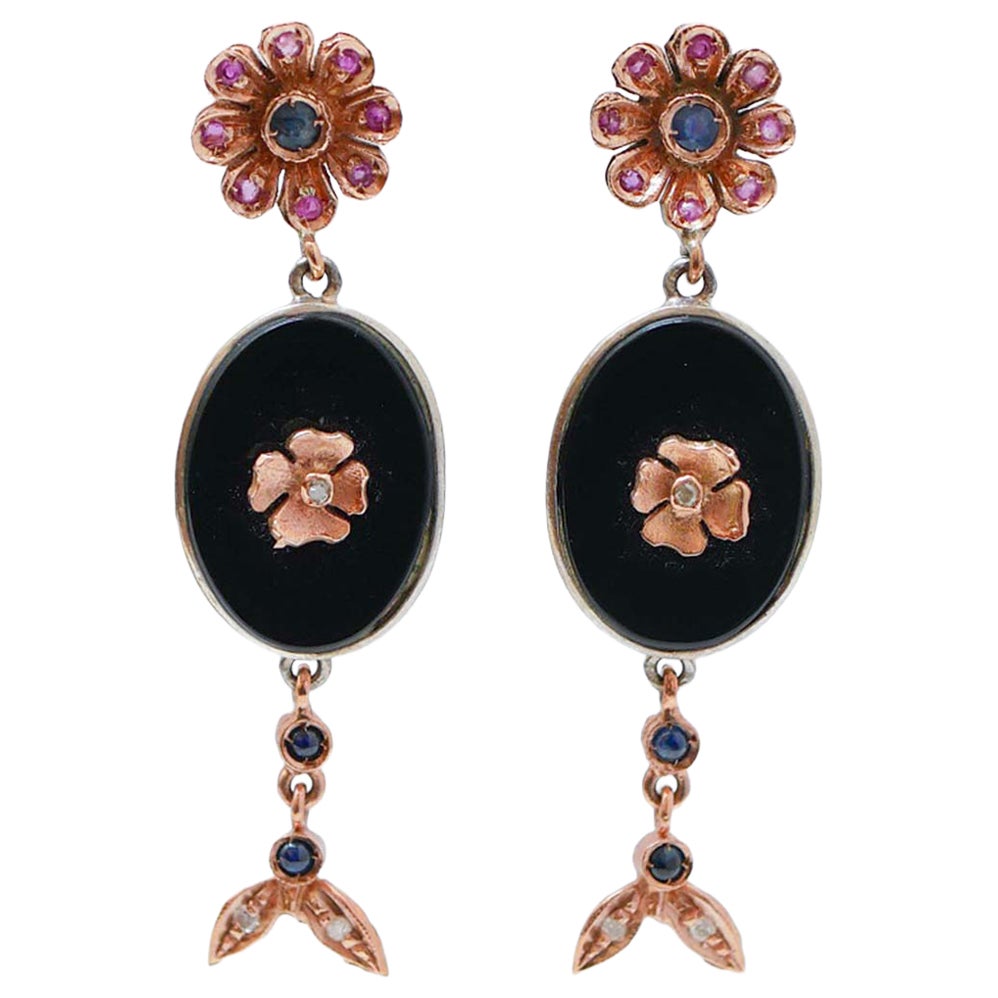 Onyx, Sapphires, Rubies, Diamonds, Rose Gold and Silver Earrings.
