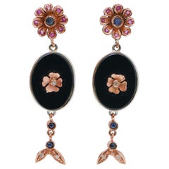 Onyx, Sapphires, Rubies, Diamonds, Rose Gold and Silver Earrings.