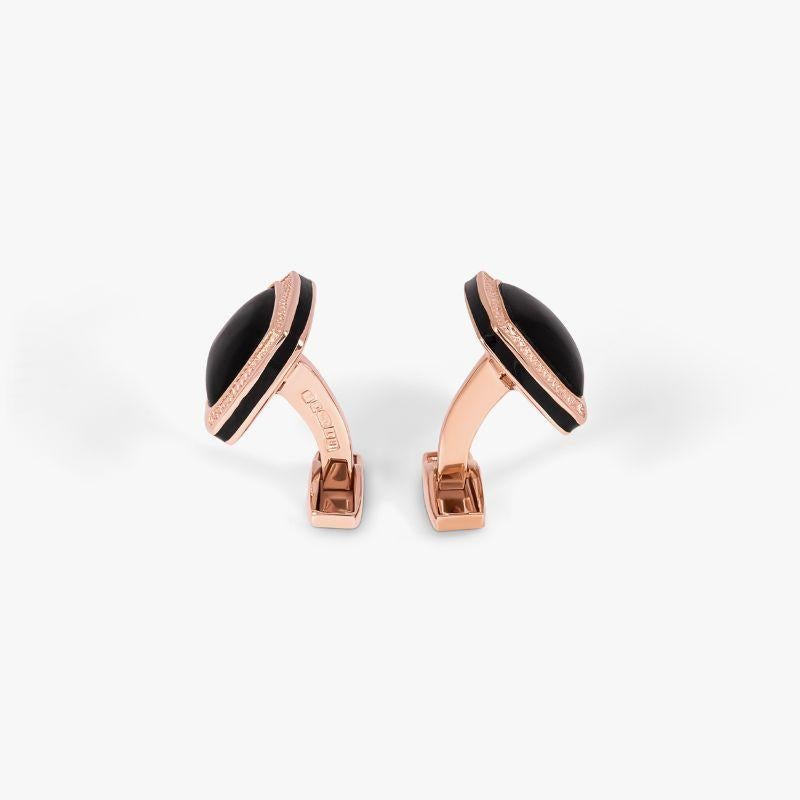 Onyx Signature Cushion Cufflinks in Rose Gold Plated Sterling Silver

Smooth black onyx sit within our square, rose-gold plated sterling silver frame, with an engraved diamond pattern and black-coloured enamel edge to accentuate the beauty of each