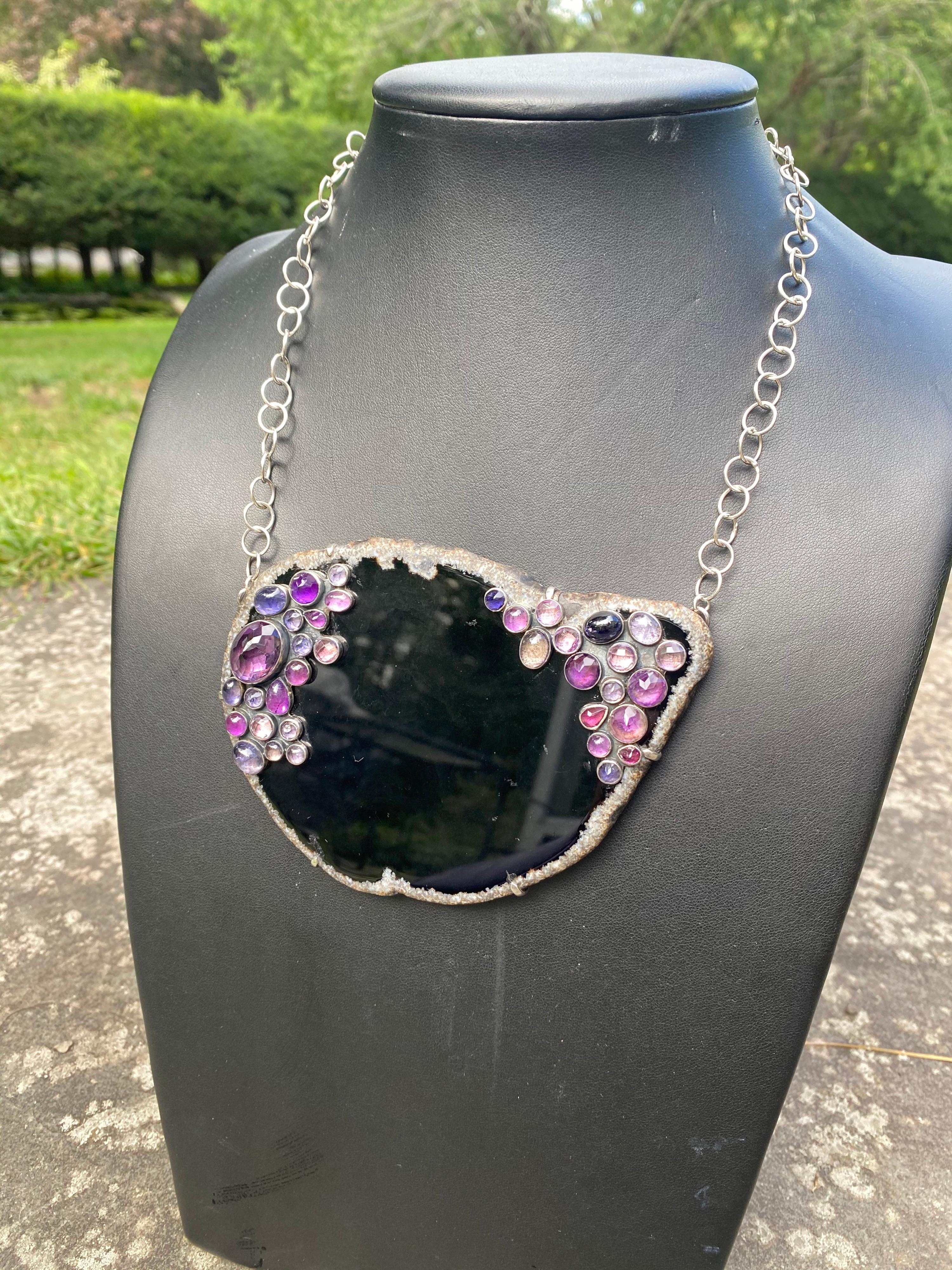 Modern Onyx Slab, Amethyst, and Iolite Statement Necklace in Sterling Silver For Sale