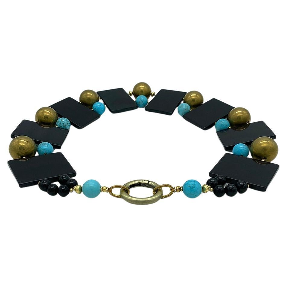 Bead Onyx Slab w/Turquoise & Brass Necklace For Sale