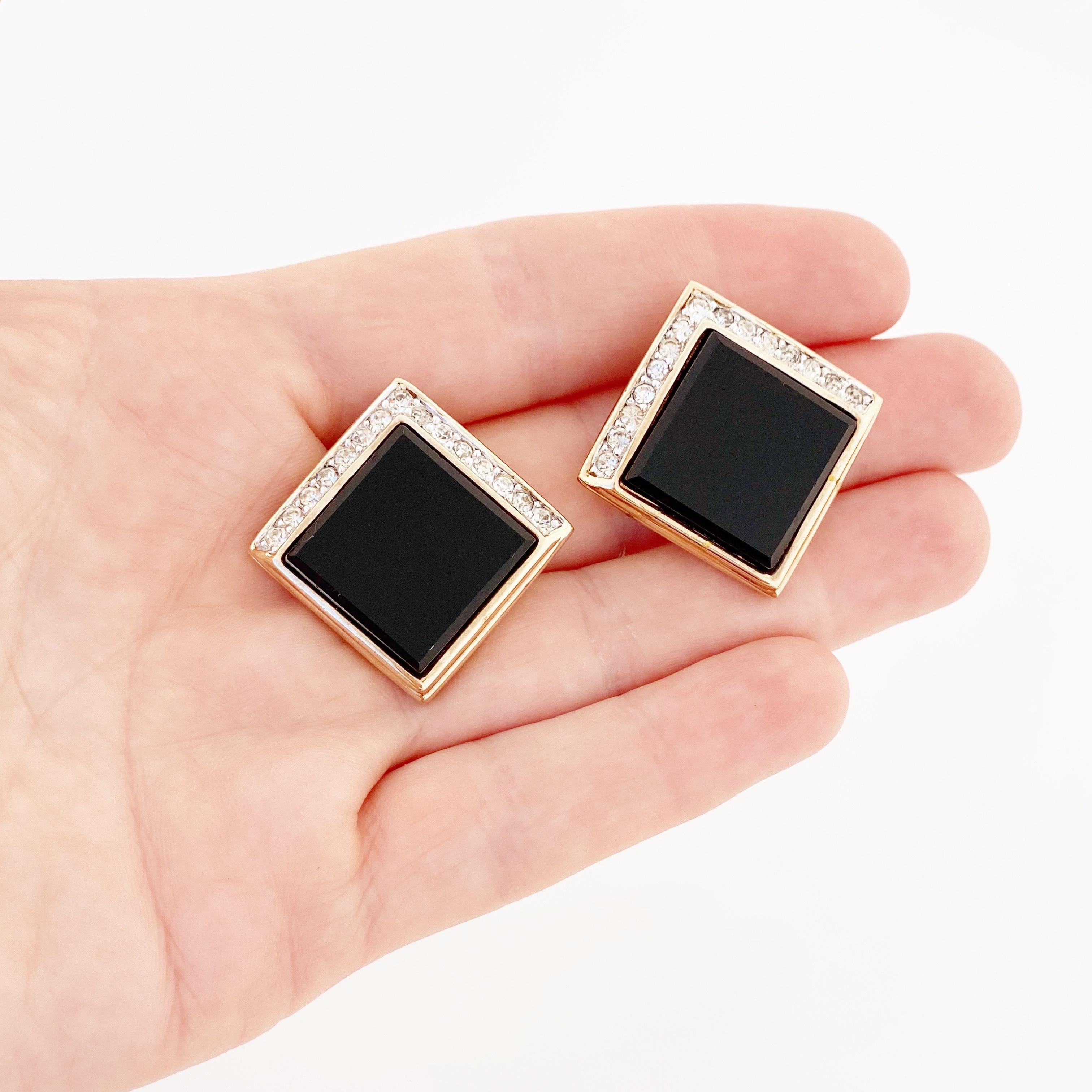 Modern Onyx Square Earrings With Crystal Rhinestone Accents By Panetta, 1970s