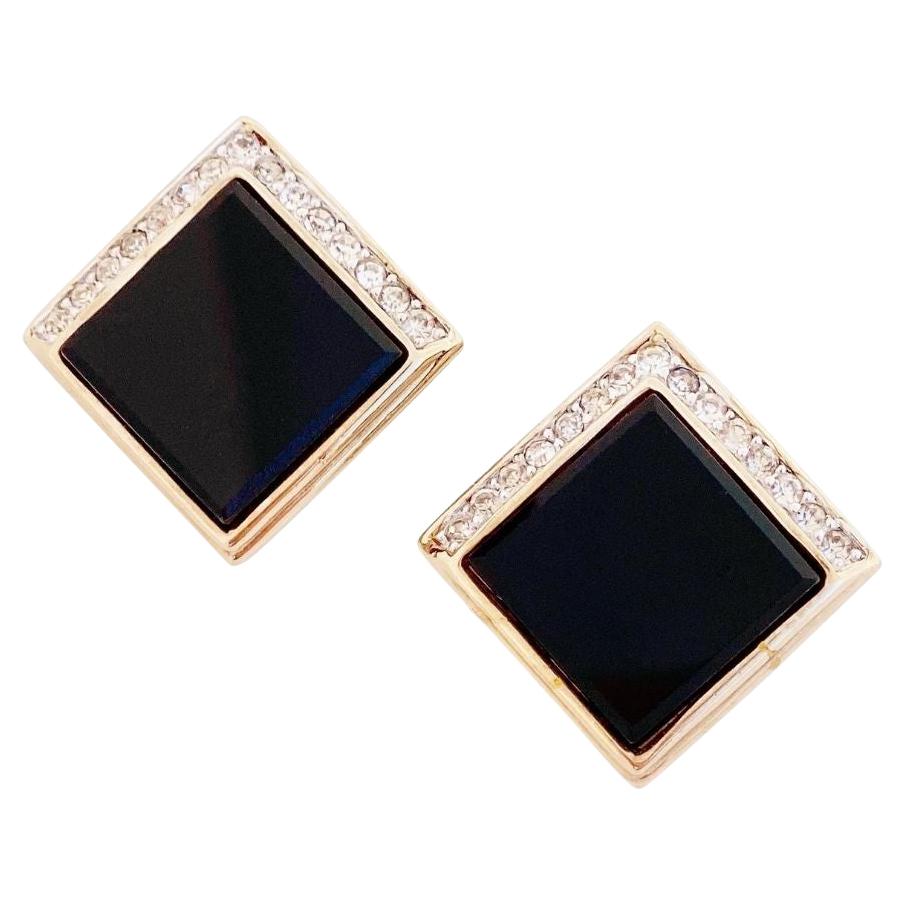 Onyx Square Earrings With Crystal Rhinestone Accents By Panetta, 1970s