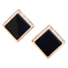 Onyx Square Earrings With Crystal Rhinestone Accents By Panetta, 1970s