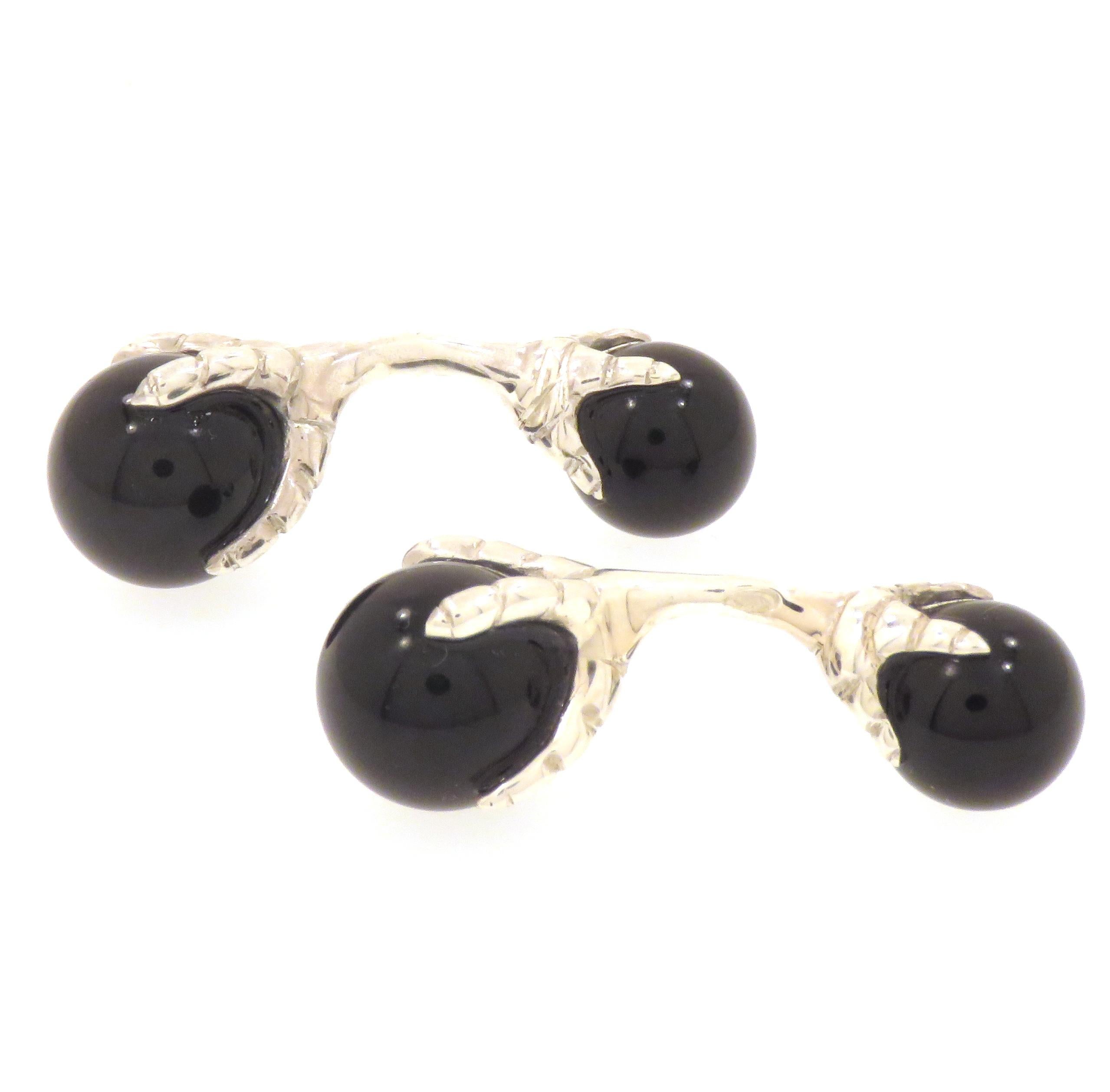 Ball Cut Onyx Sterling Silver Cufflinks Handcrafted in Italy For Sale