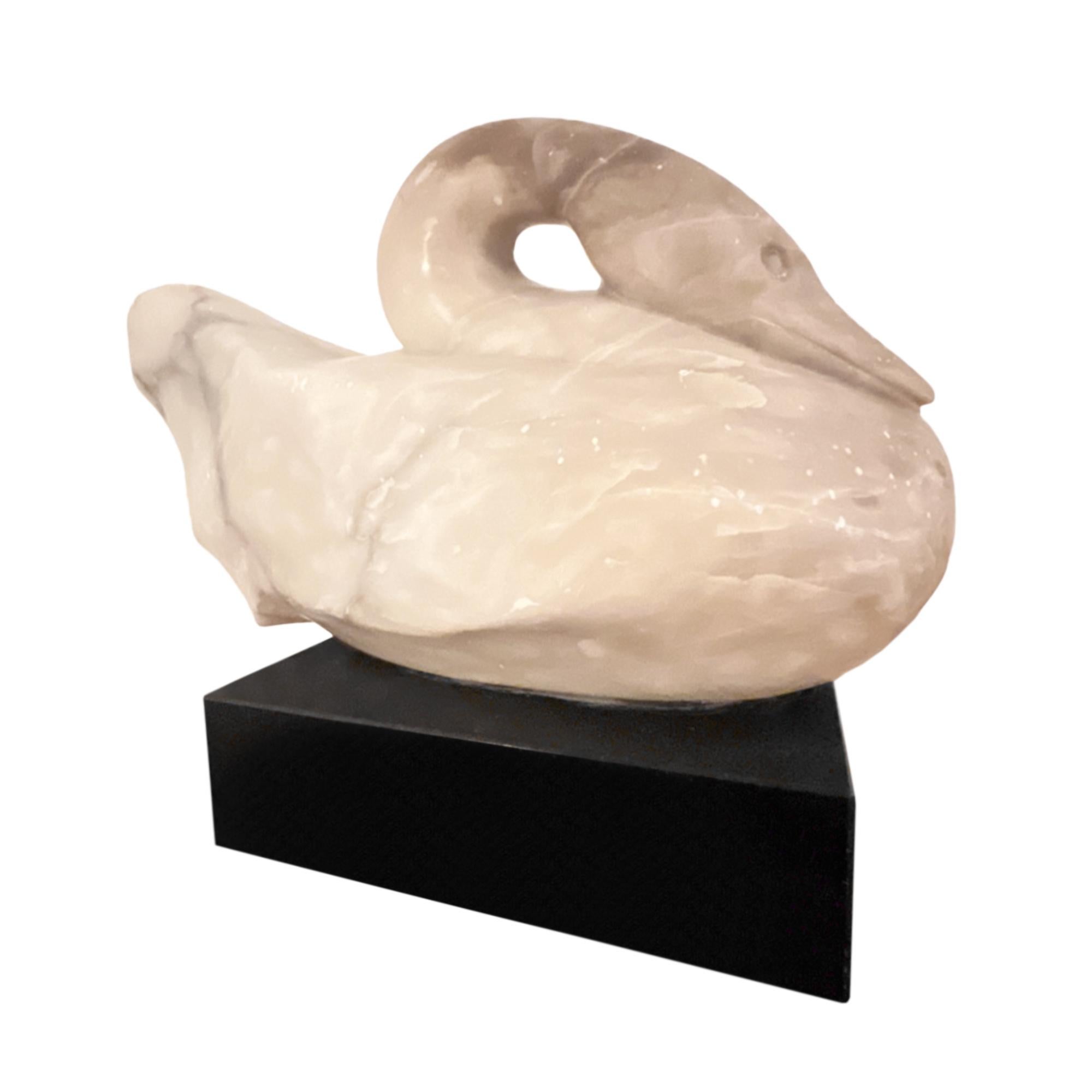 Carved Onyx Swan Sculpture on a Rotating Plinth, By Ralph Hurst For Sale