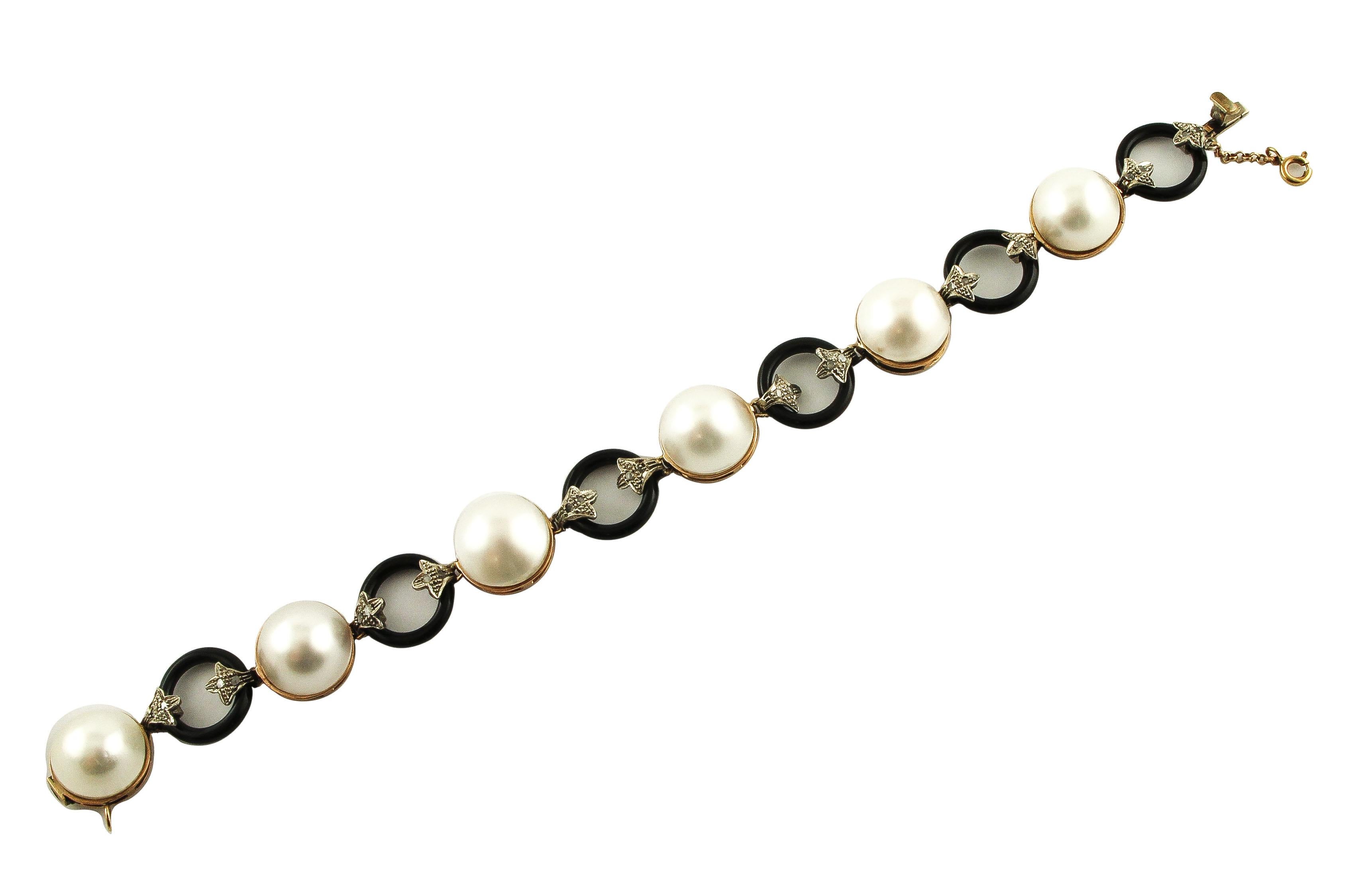 Retro Onyx,  Pearl, Diamonds, 9 Karat Rose Gold and Silver Bracelet For Sale