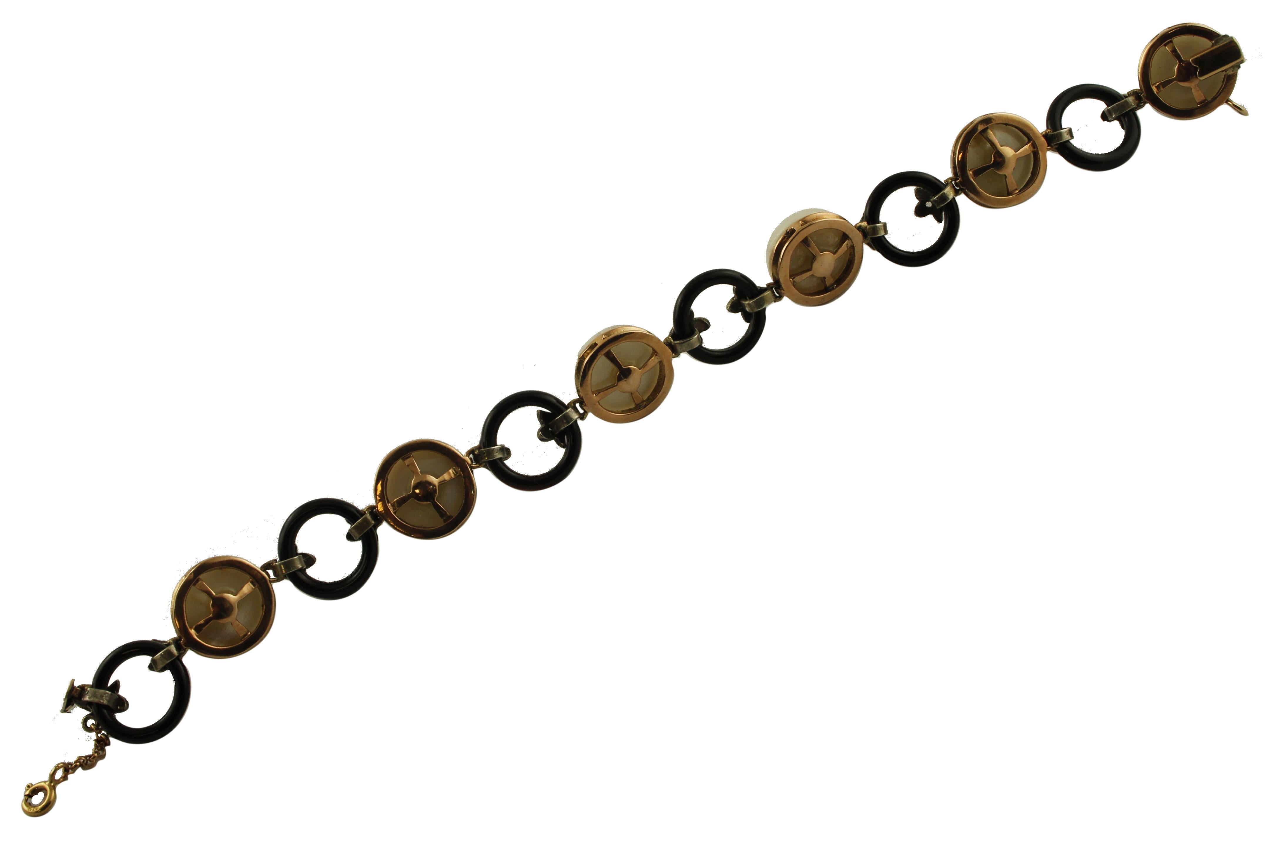 Mixed Cut Onyx,  Pearl, Diamonds, 9 Karat Rose Gold and Silver Bracelet For Sale