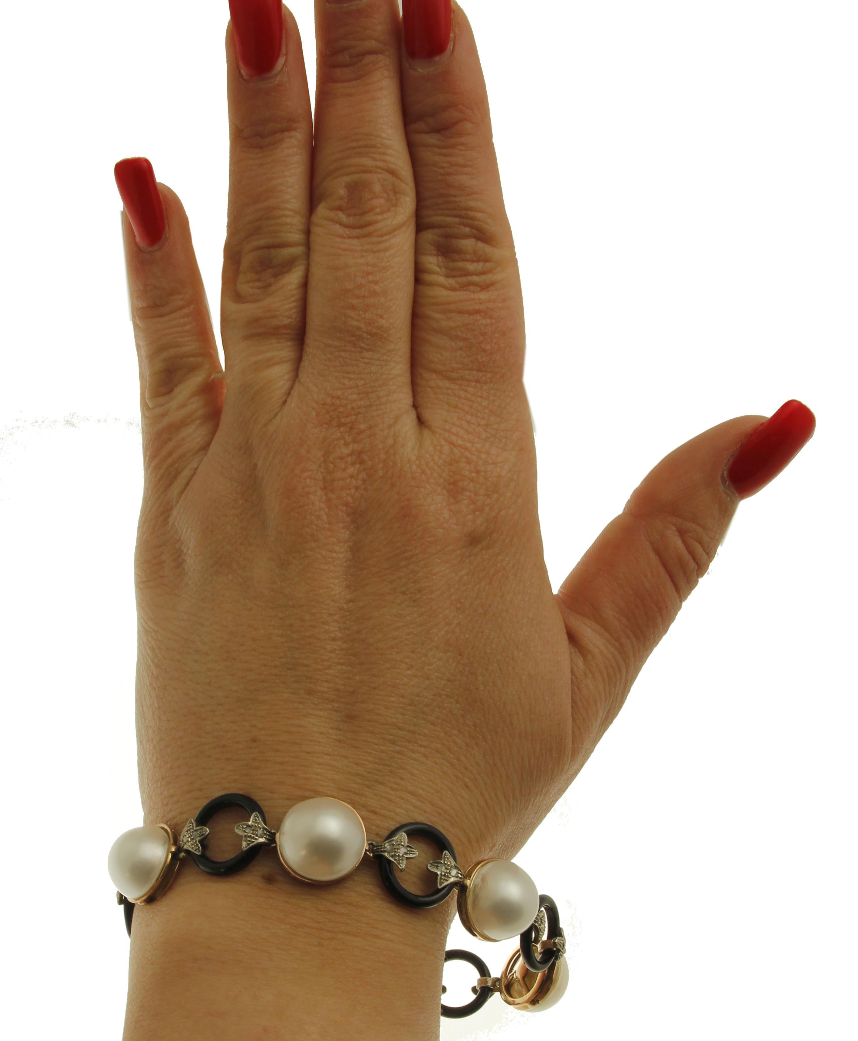 Onyx,  Pearl, Diamonds, 9 Karat Rose Gold and Silver Bracelet In Excellent Condition For Sale In Marcianise, Marcianise (CE)