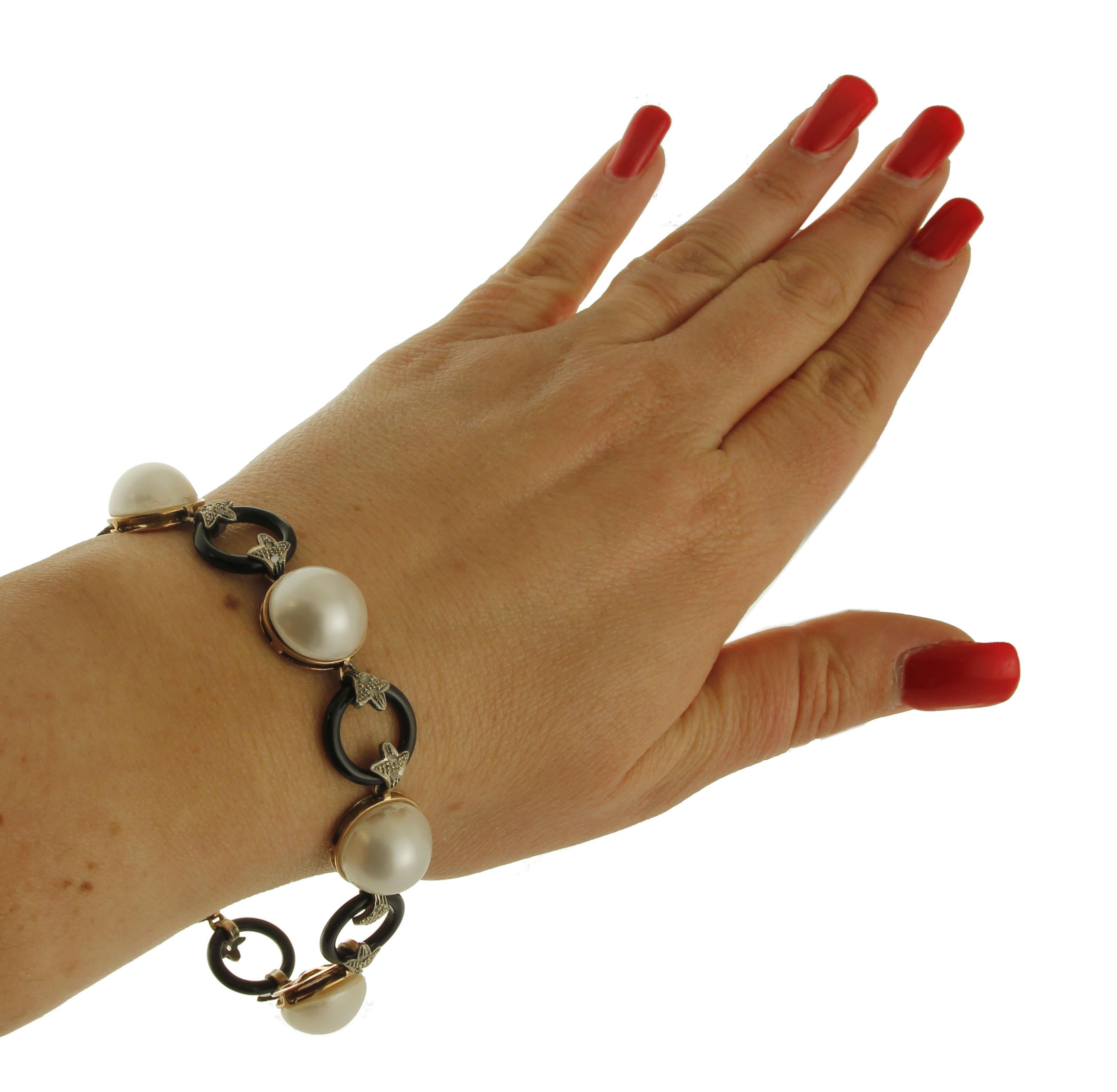 Onyx,  Armband aus 9 Karat Roségold mit Perlen, Diamanten und Silber Damen im Angebot