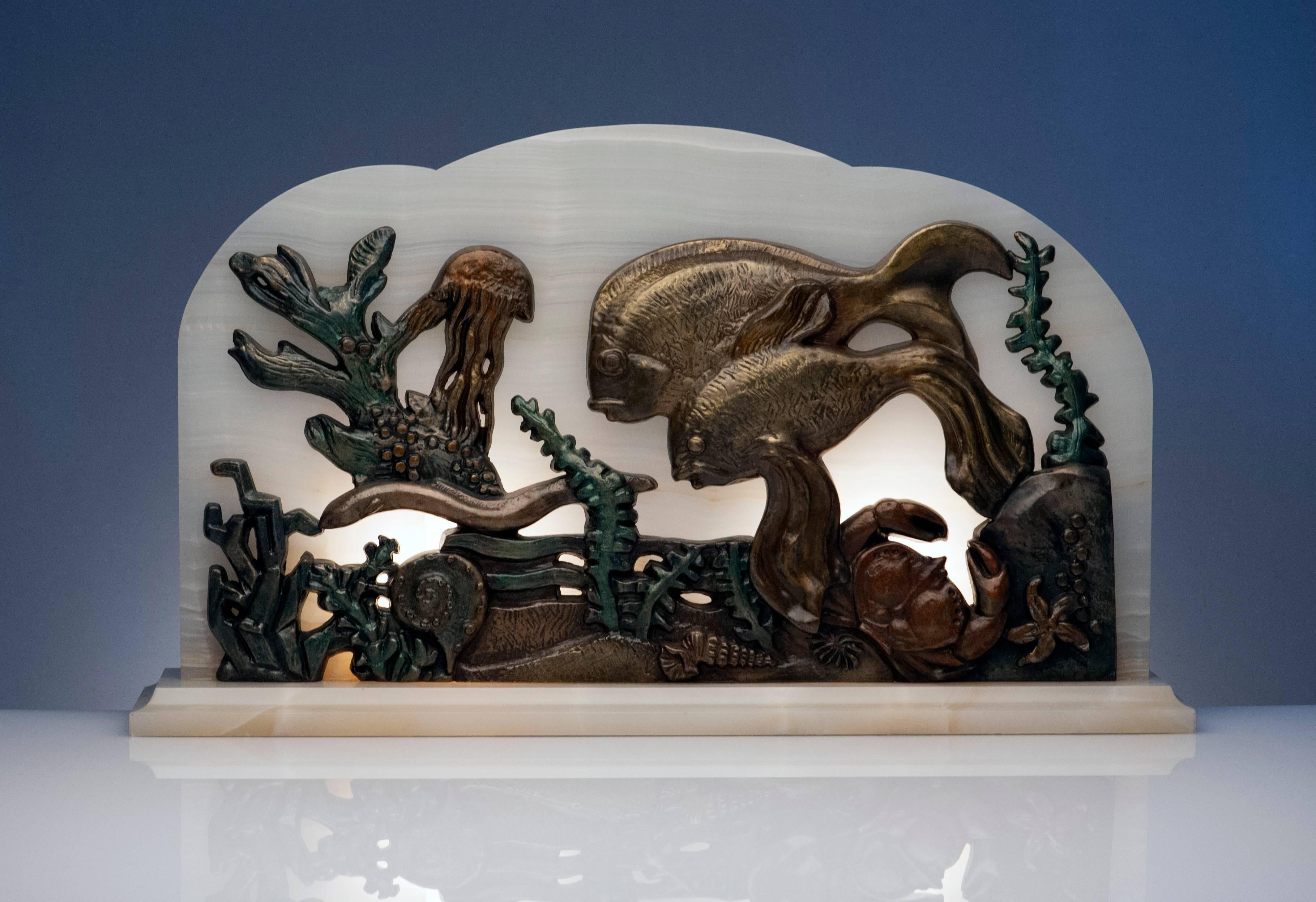 French Onyx Table Lamp with Underwater Fish and Coral Scene In Excellent Condition In Washington, DC