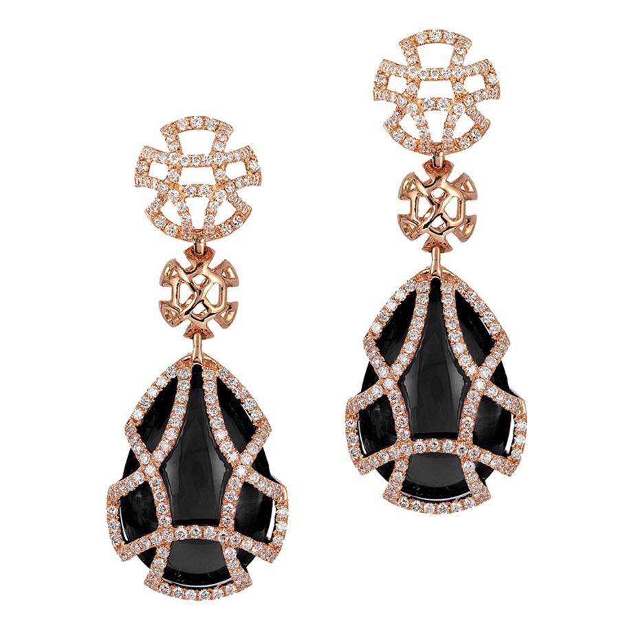 Goshwara Pear Onyx Teardrop Cage And Diamond Earrings
