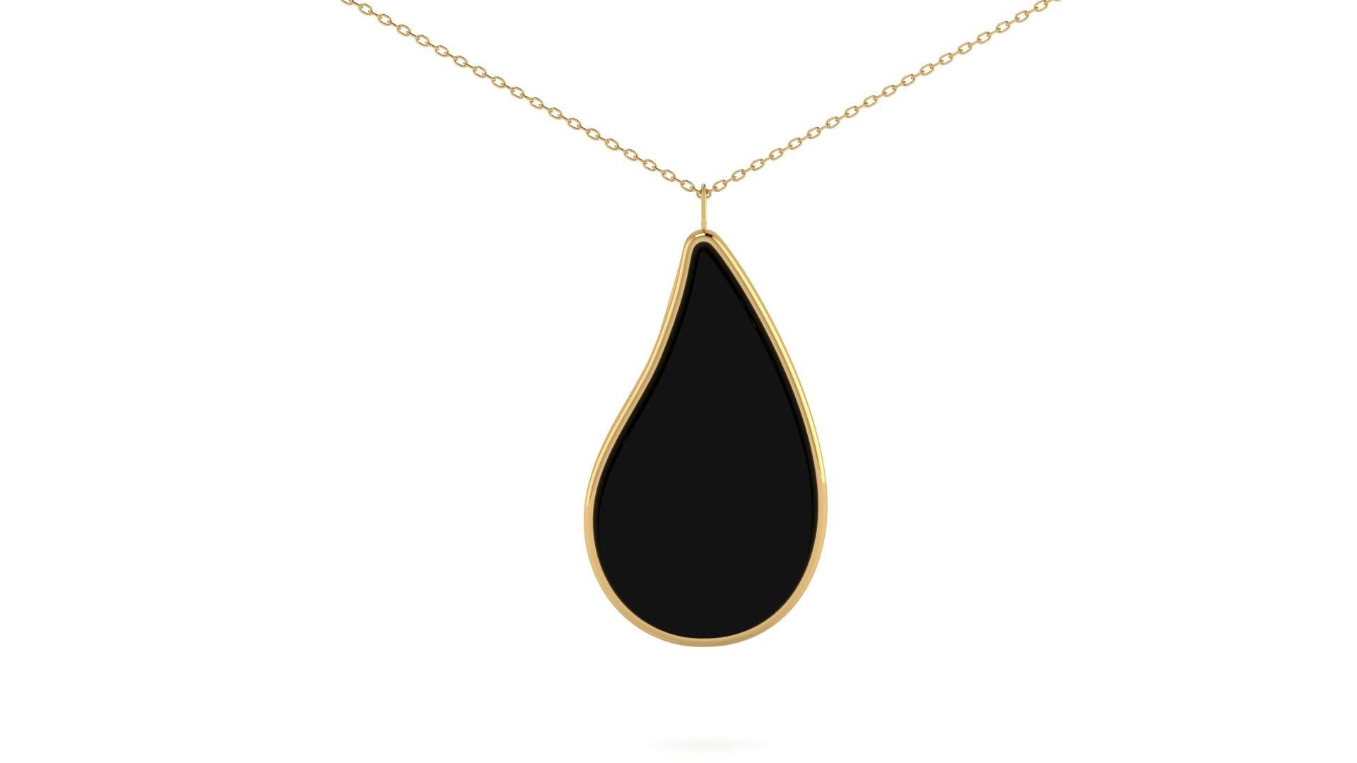 Contemporary Onyx Teardrop Pendant Encased in 14k Gold on an 18k Gold Chain For Sale