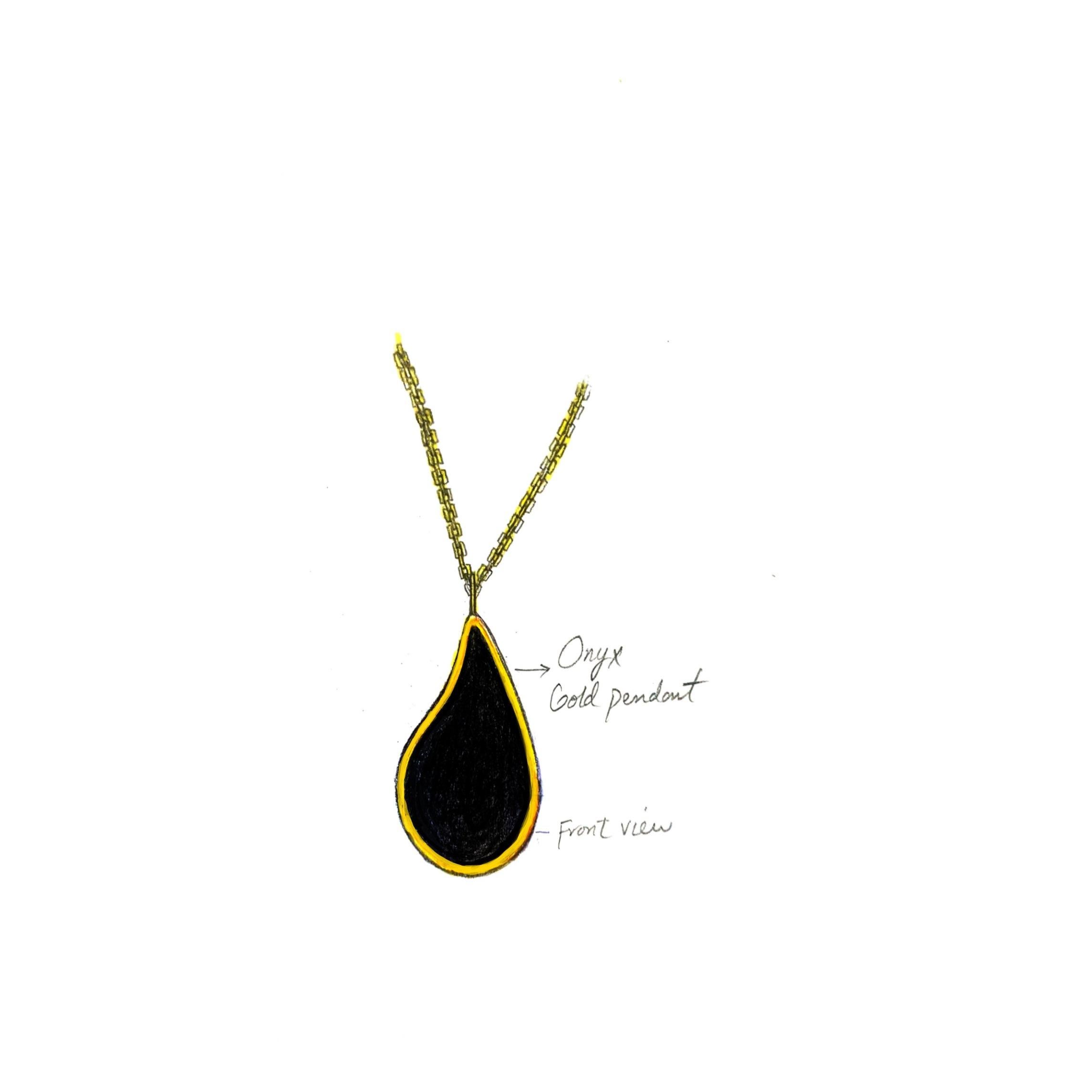 Women's Onyx Teardrop Pendant Encased in 14k Gold on an 18k Gold Chain For Sale