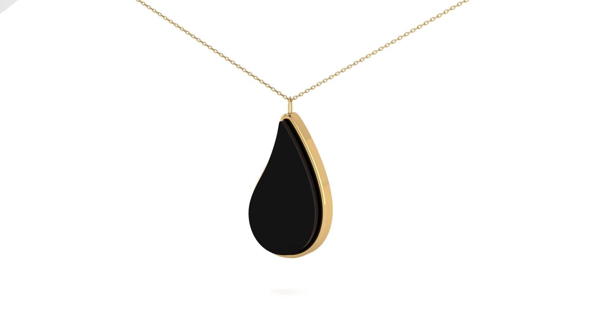 Onyx Teardrop Pendant Encased in 14k Gold on an 18k Gold Chain For Sale 1