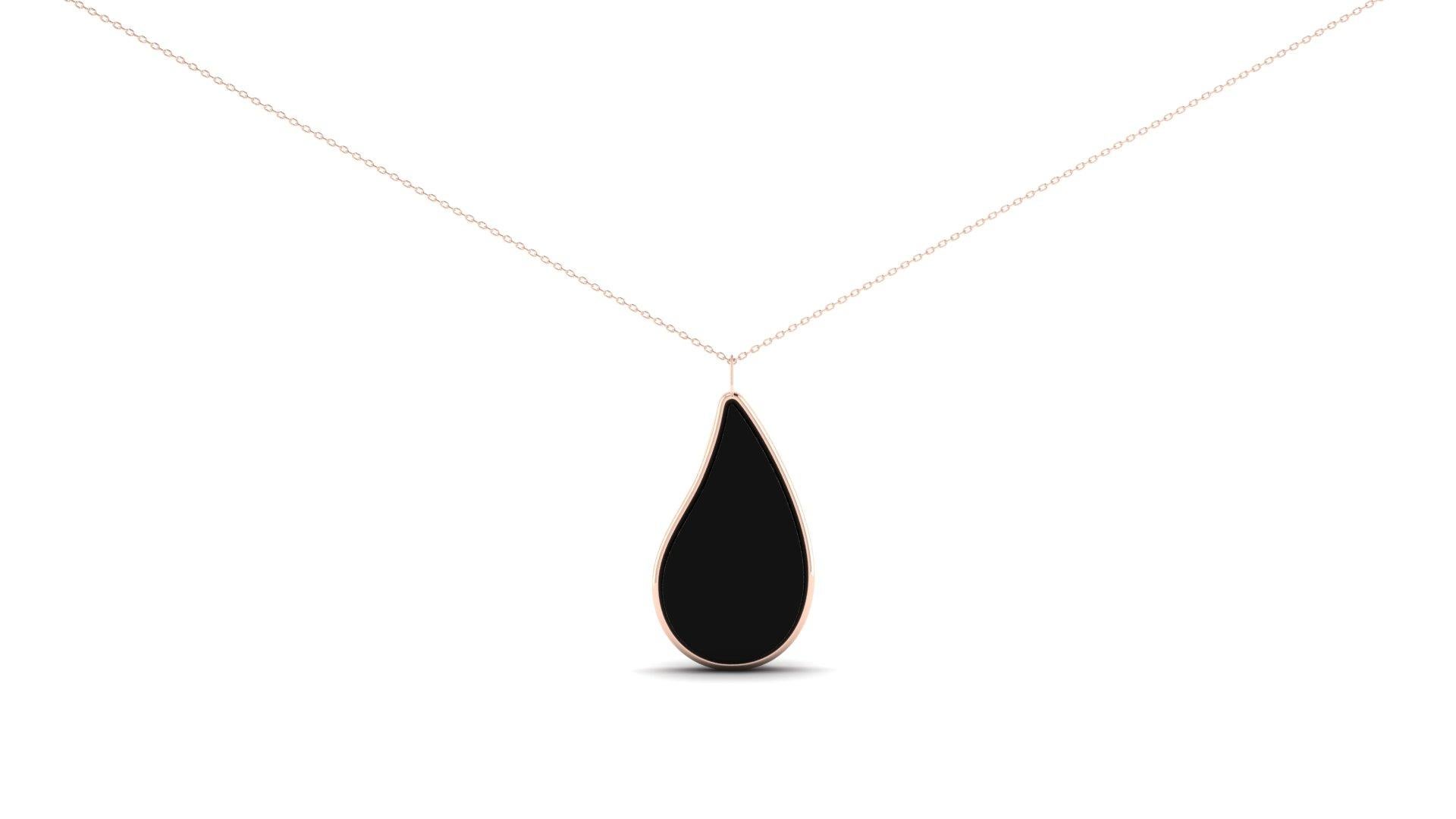 Contemporary Onyx Teardrop Pendant Encased in Rose Gold on an 18k Gold Chain For Sale