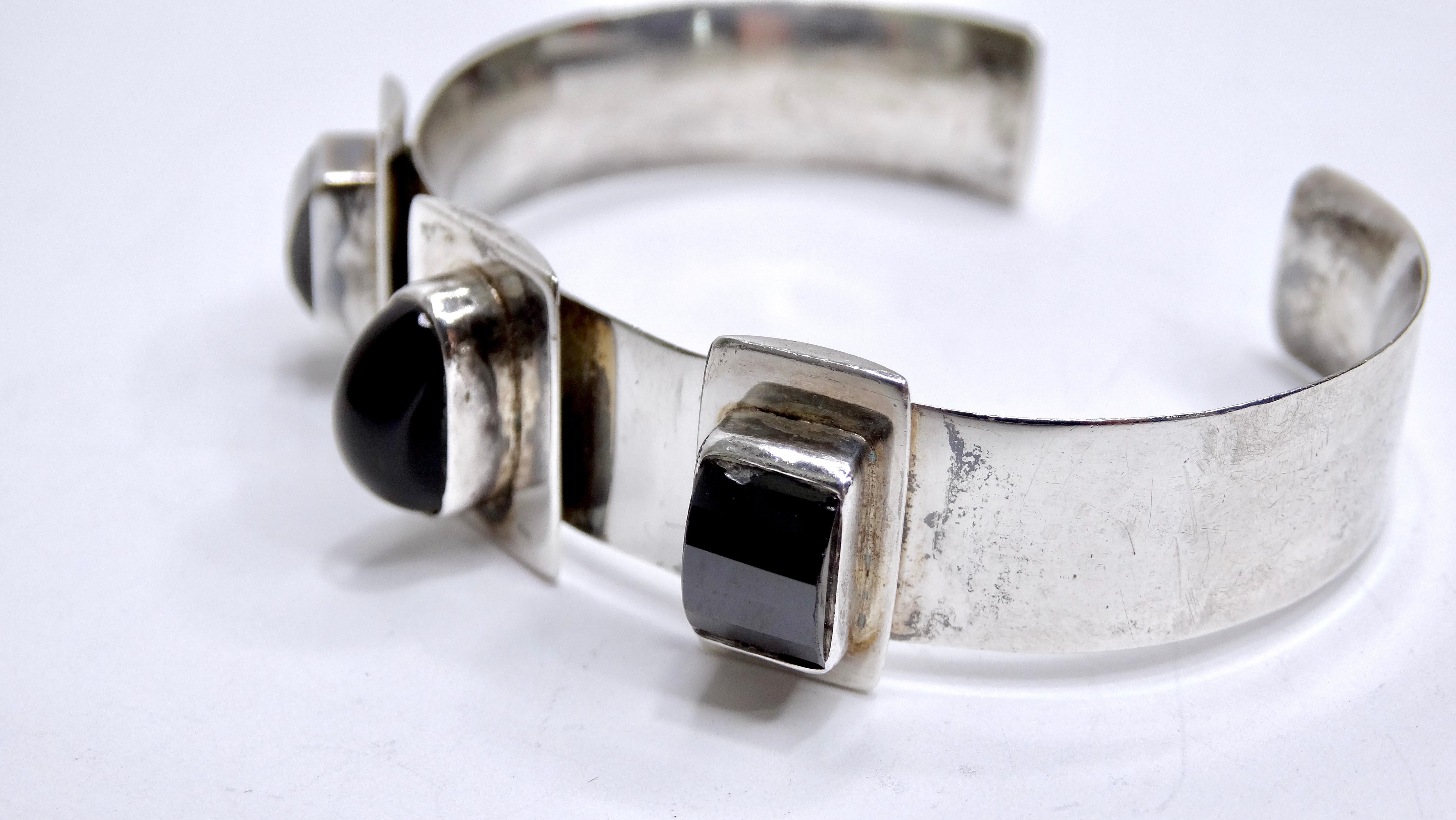 Women's or Men's Onyx Three-Stone Cuff Bracelet For Sale