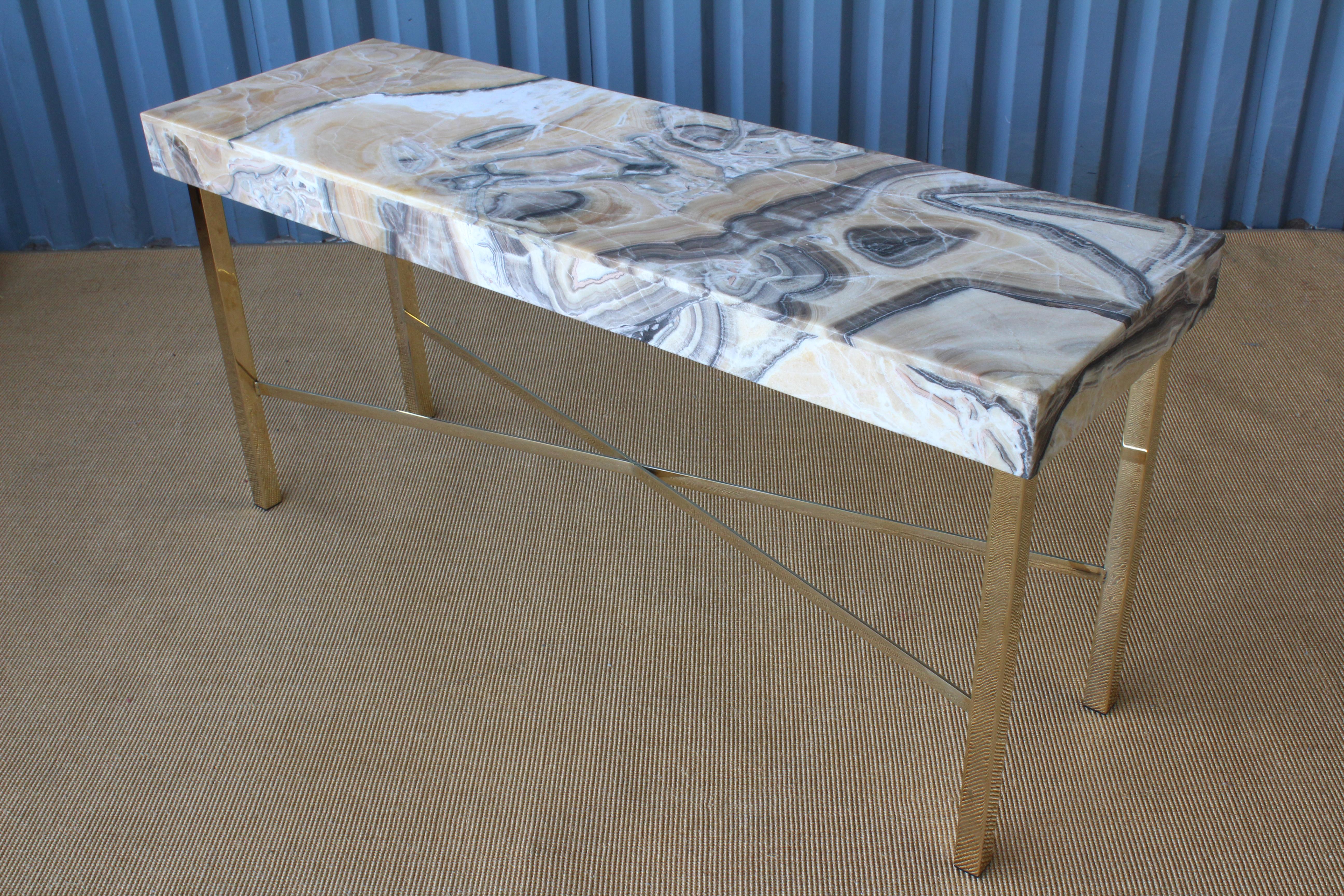 American Onyx Top Console Table with Brass Base