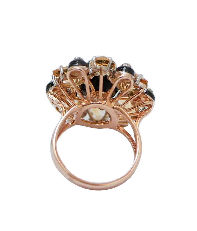 Retro Onyx, Topaz, Diamonds, 14 Karat Rose Gold and Silver Ring.