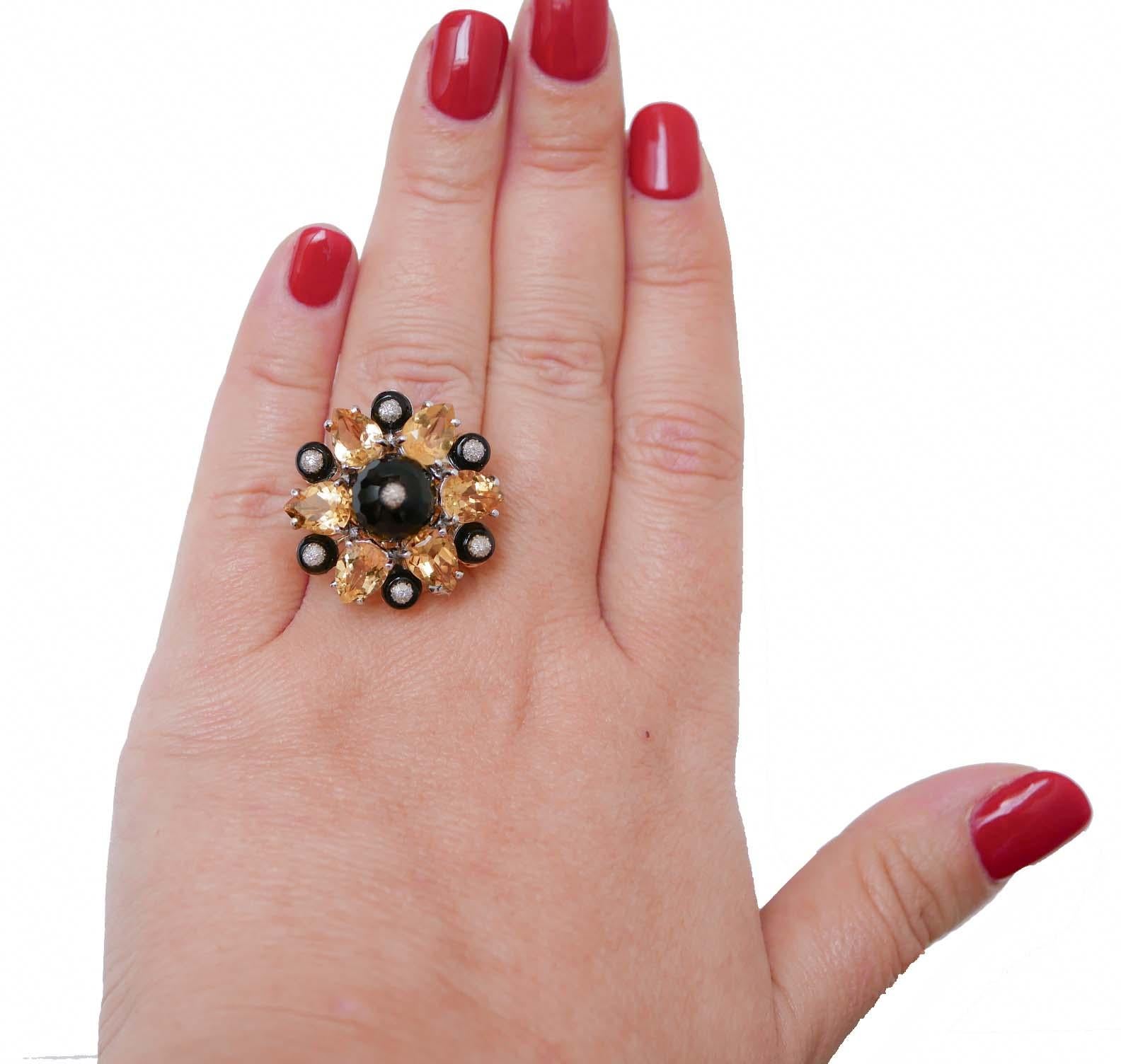 Mixed Cut Onyx, Topaz, Diamonds, 14 Karat Rose Gold and Silver Ring.