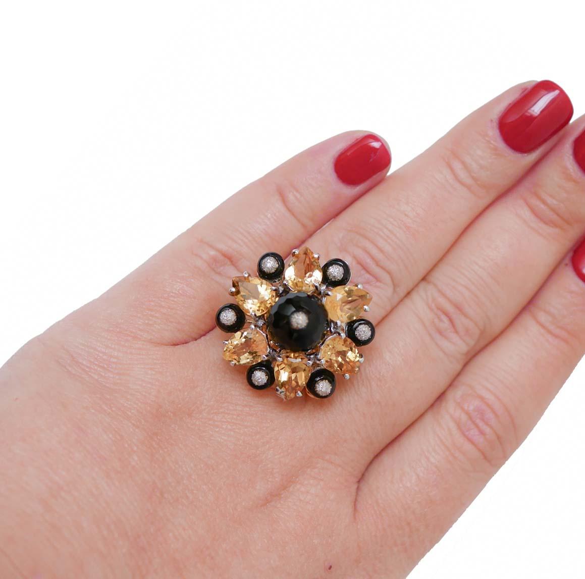 Onyx, Topaz, Diamonds, 14 Karat Rose Gold and Silver Ring. In Good Condition In Marcianise, Marcianise (CE)
