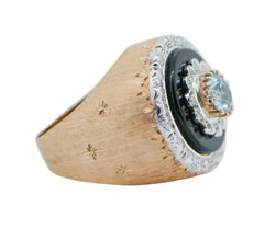 Onyx, Topaz, Diamonds, Rose Gold and White Gold Retrò Ring.