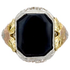 Antique Onyx Tri-Color Gold Art Deco Filigree Ring