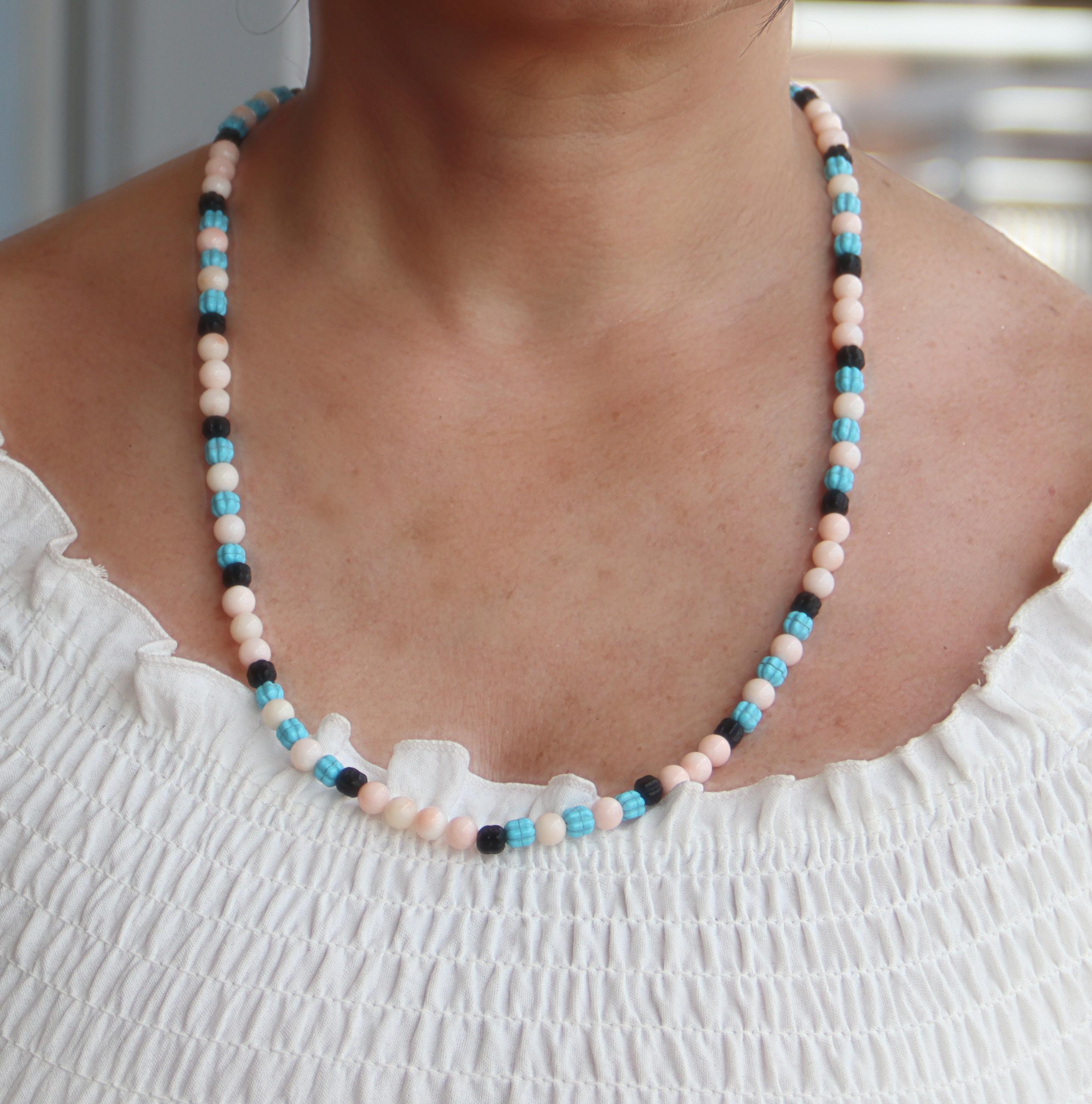 Collana di perline in argento con corallo e turchese onice in vendita 4