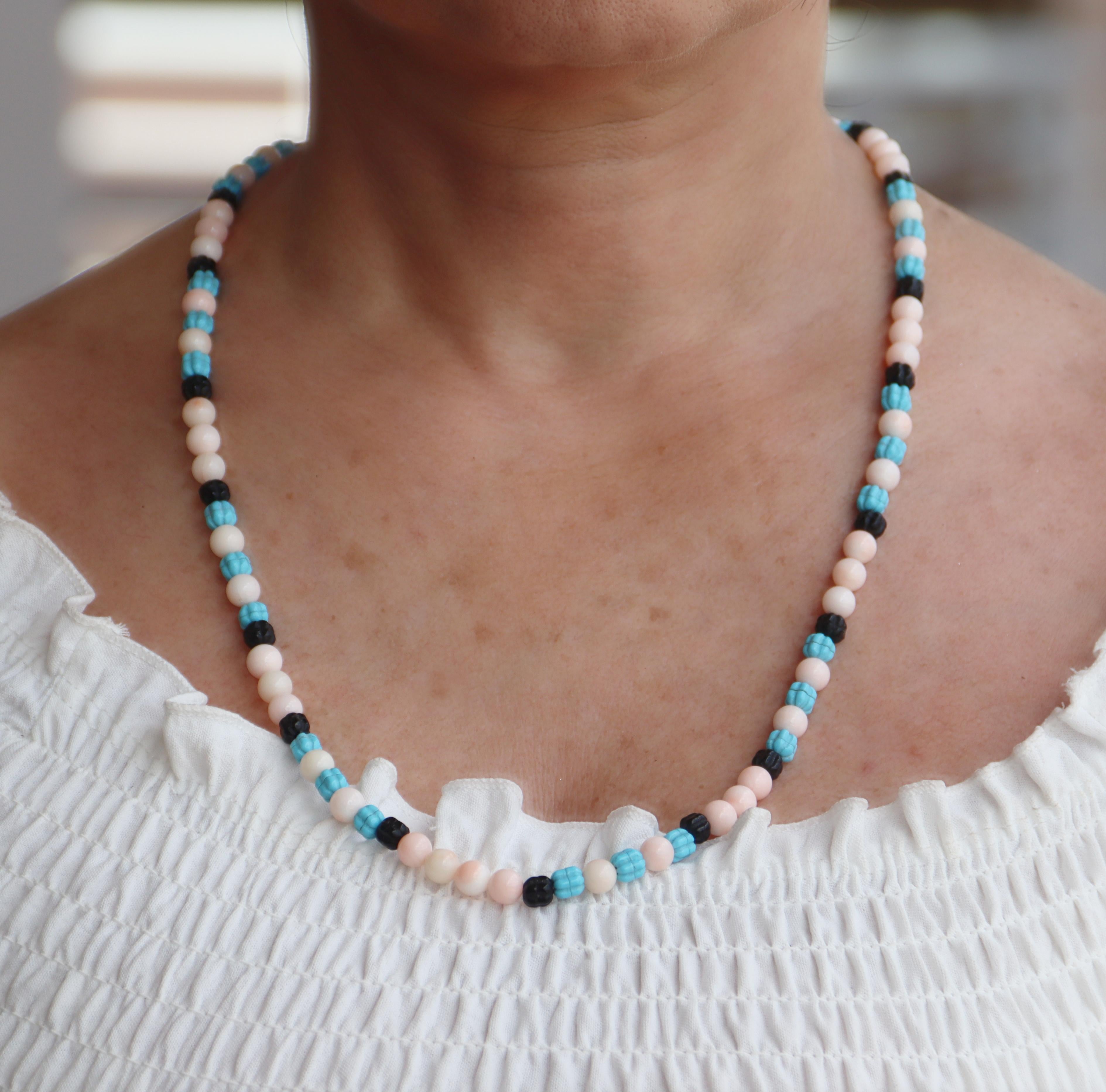 Collana di perline in argento con corallo e turchese onice in vendita 6