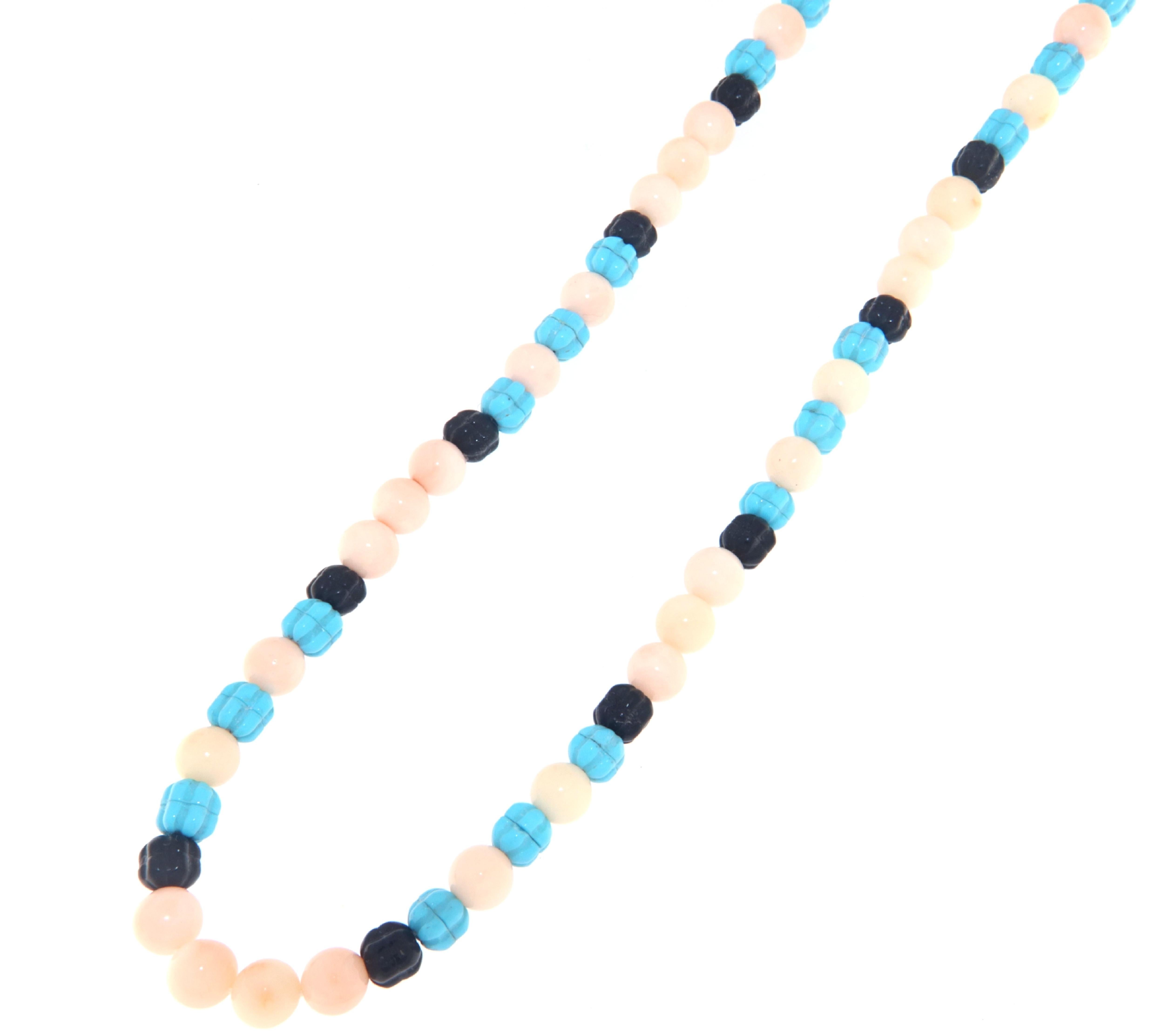 Artigiano Collana di perline in argento con corallo e turchese onice in vendita