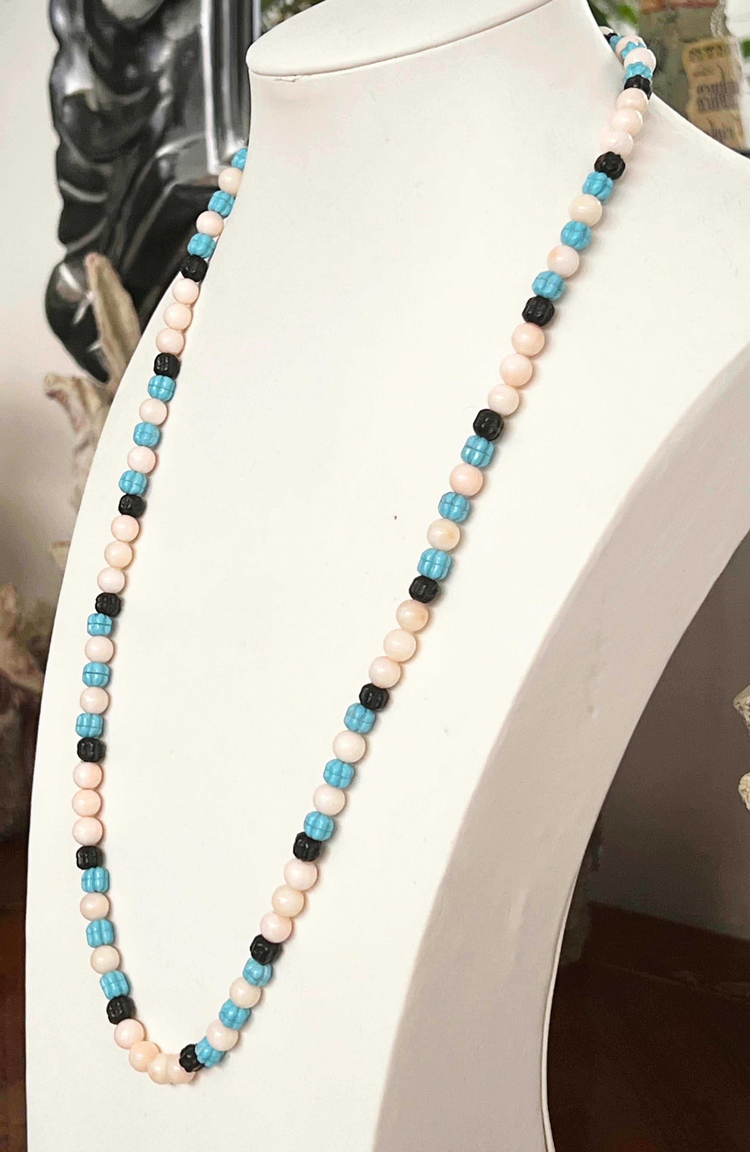 Collana di perline in argento con corallo e turchese onice in vendita 2