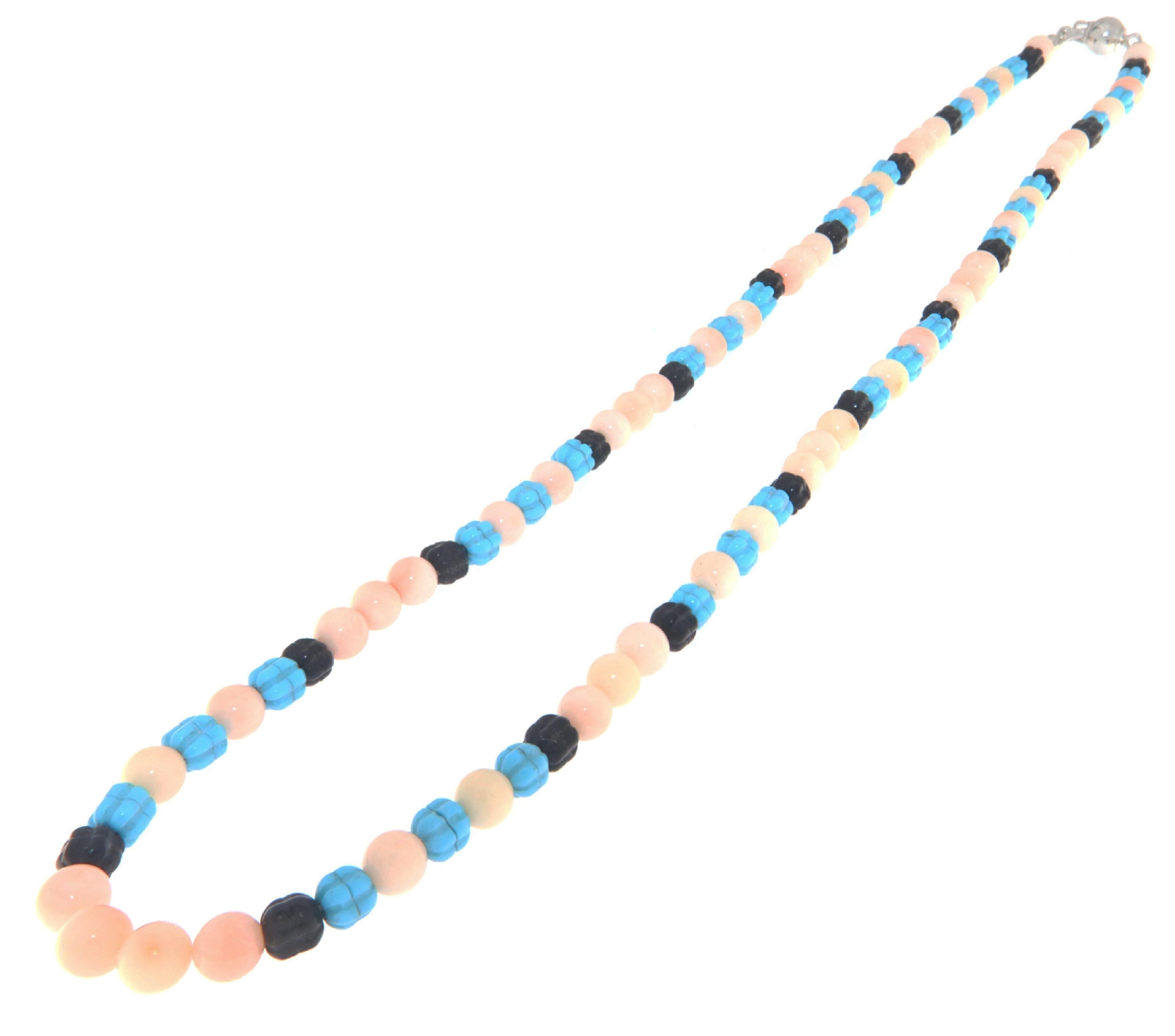 Collana di perline in argento con corallo e turchese onice in vendita 3
