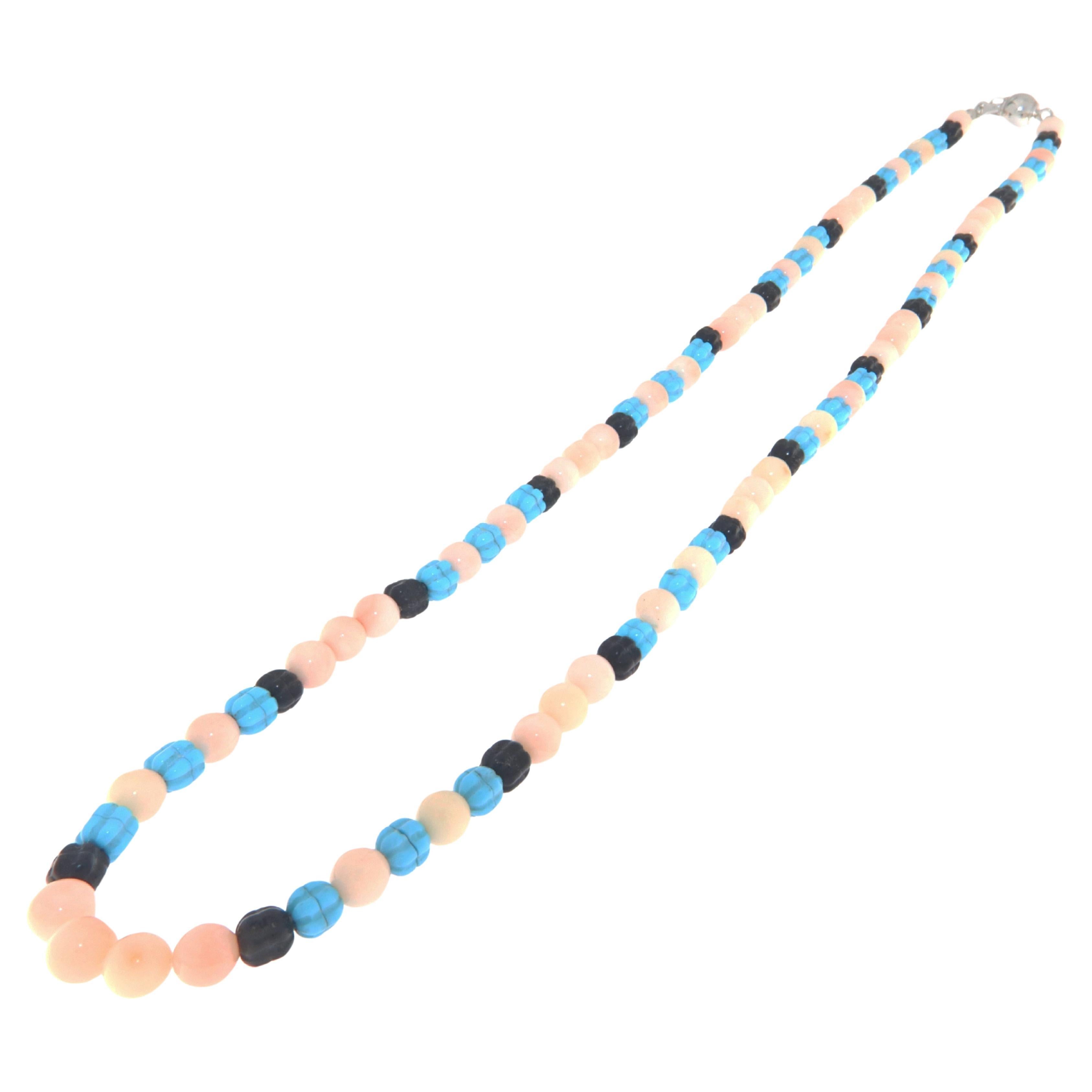Onyx Turquoise Coral Silver Beaded Necklace