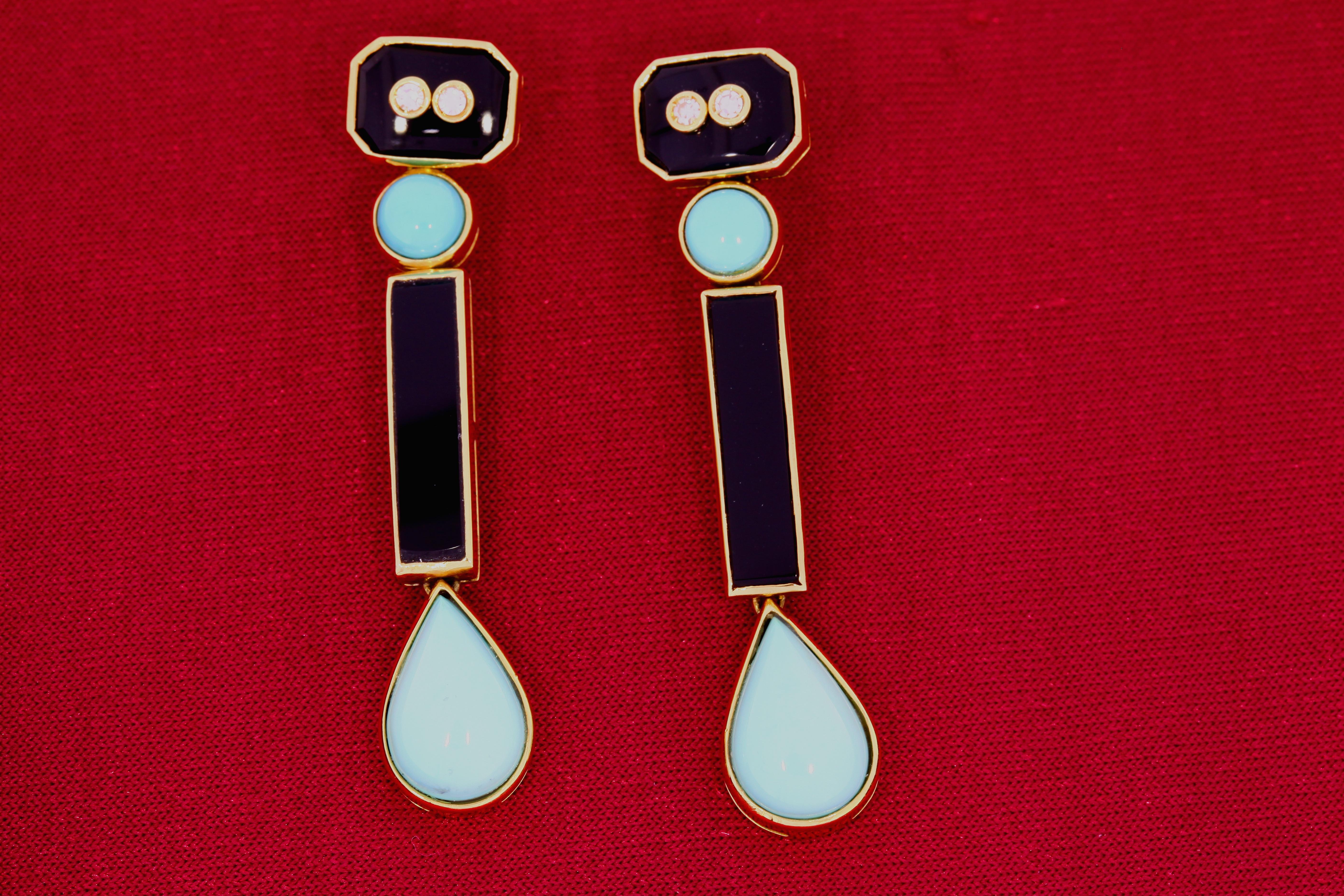 Round Cut Onyx Turquoise Diamond and Gold Art Deco Dangling Earrings For Sale