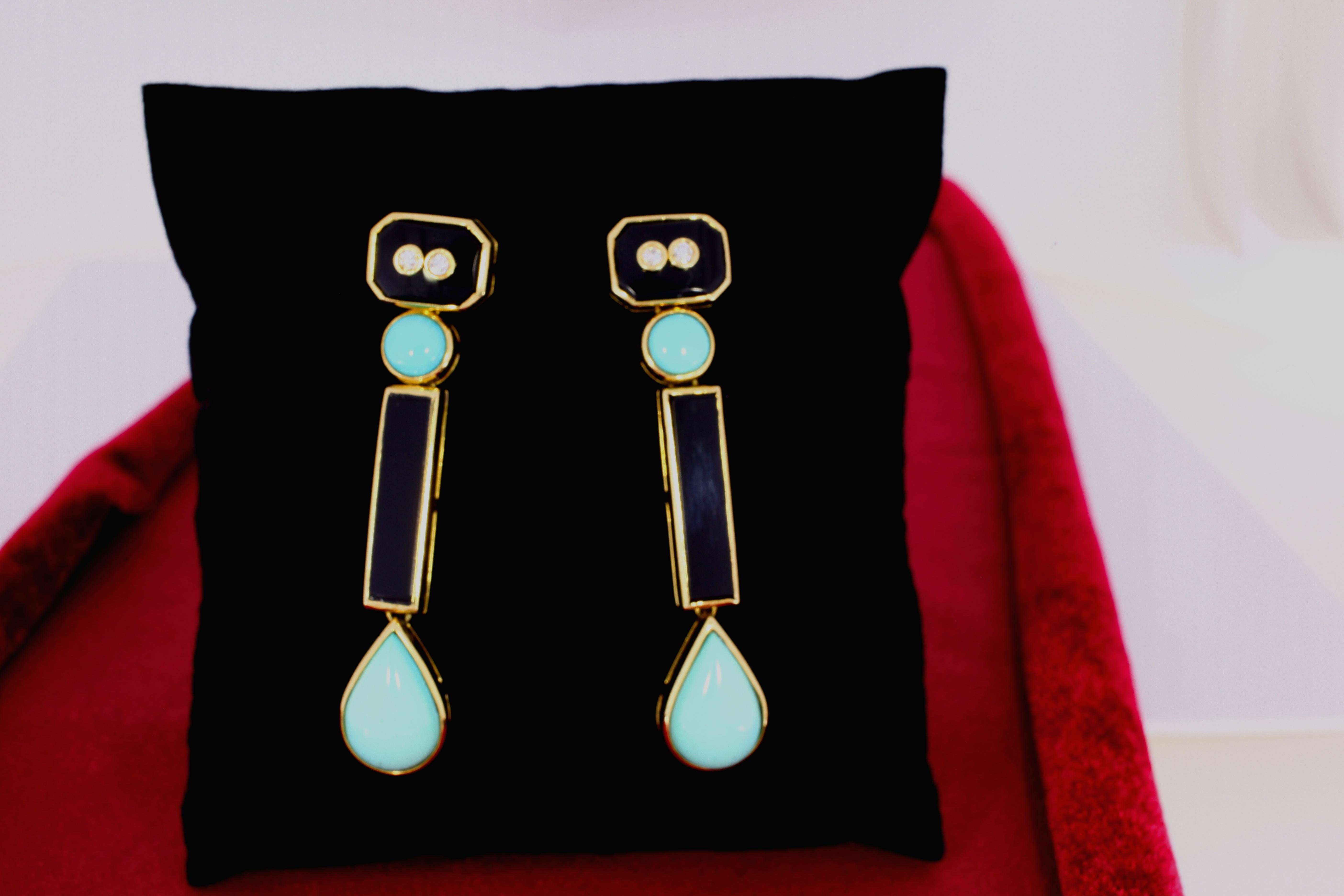 Onyx Turquoise Diamond and Gold Art Deco Dangling Earrings In Good Condition For Sale In New York, NY