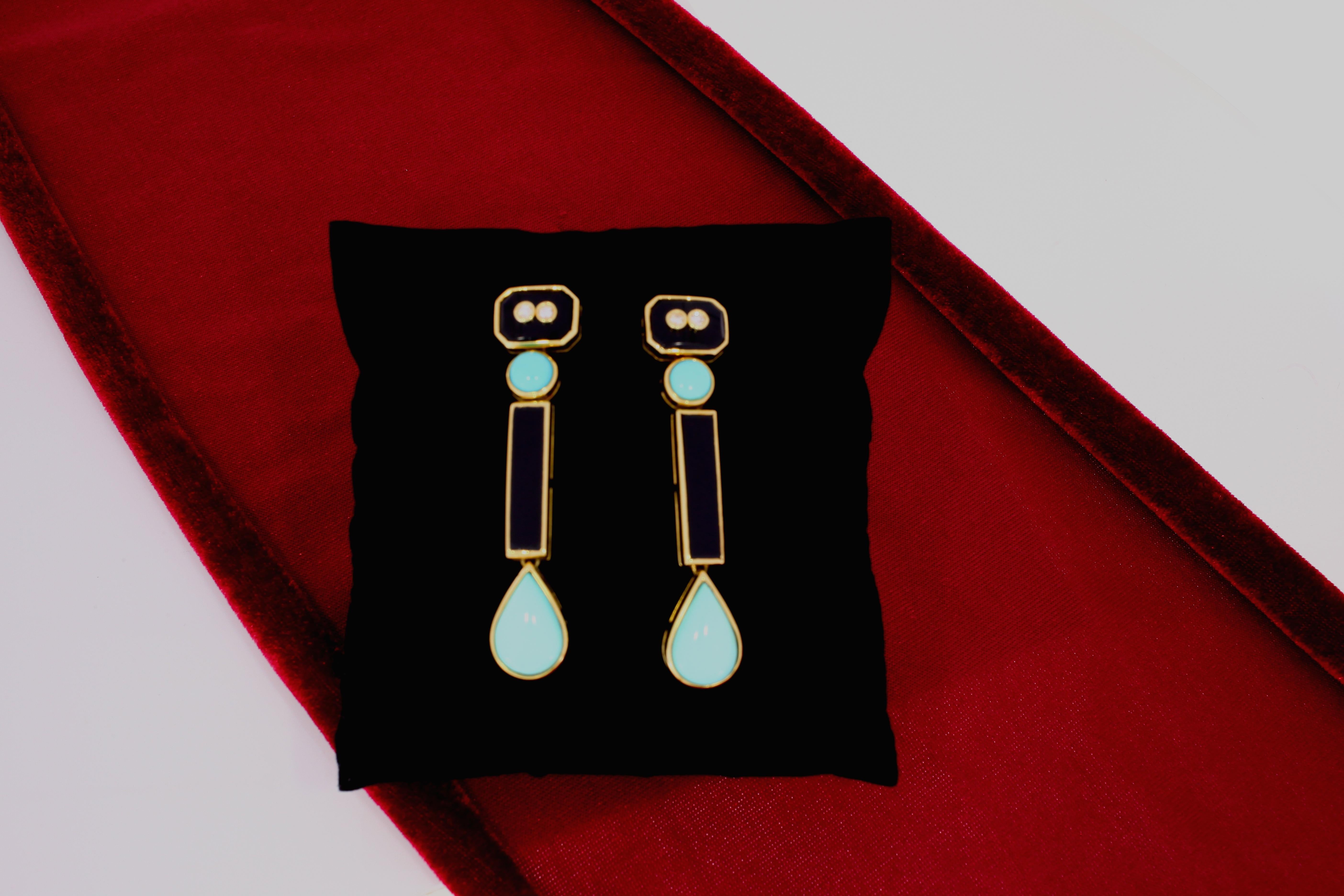 Onyx Turquoise Diamond and Gold Art Deco Dangling Earrings For Sale 1