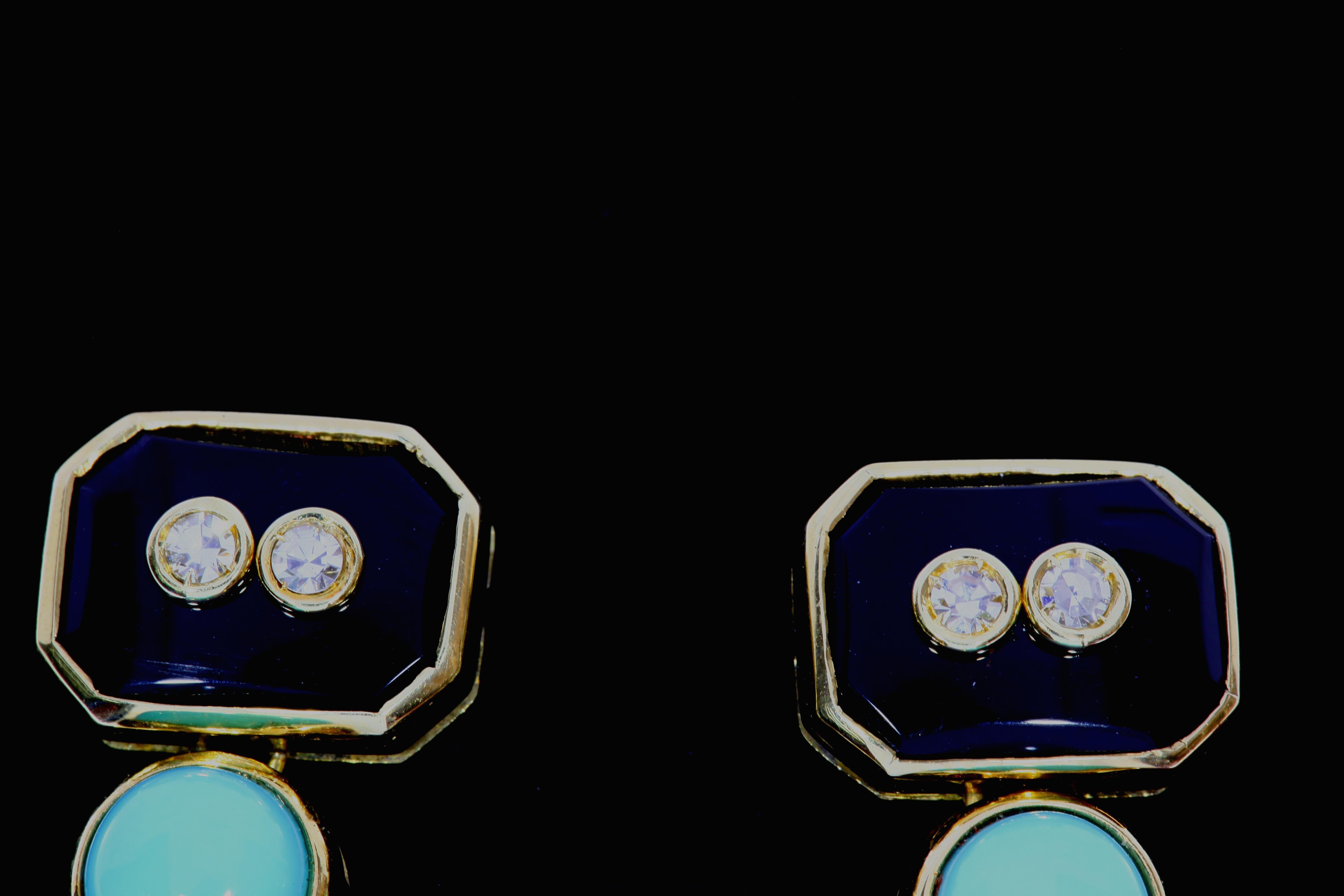 Onyx Turquoise Diamond and Gold Art Deco Dangling Earrings For Sale 2
