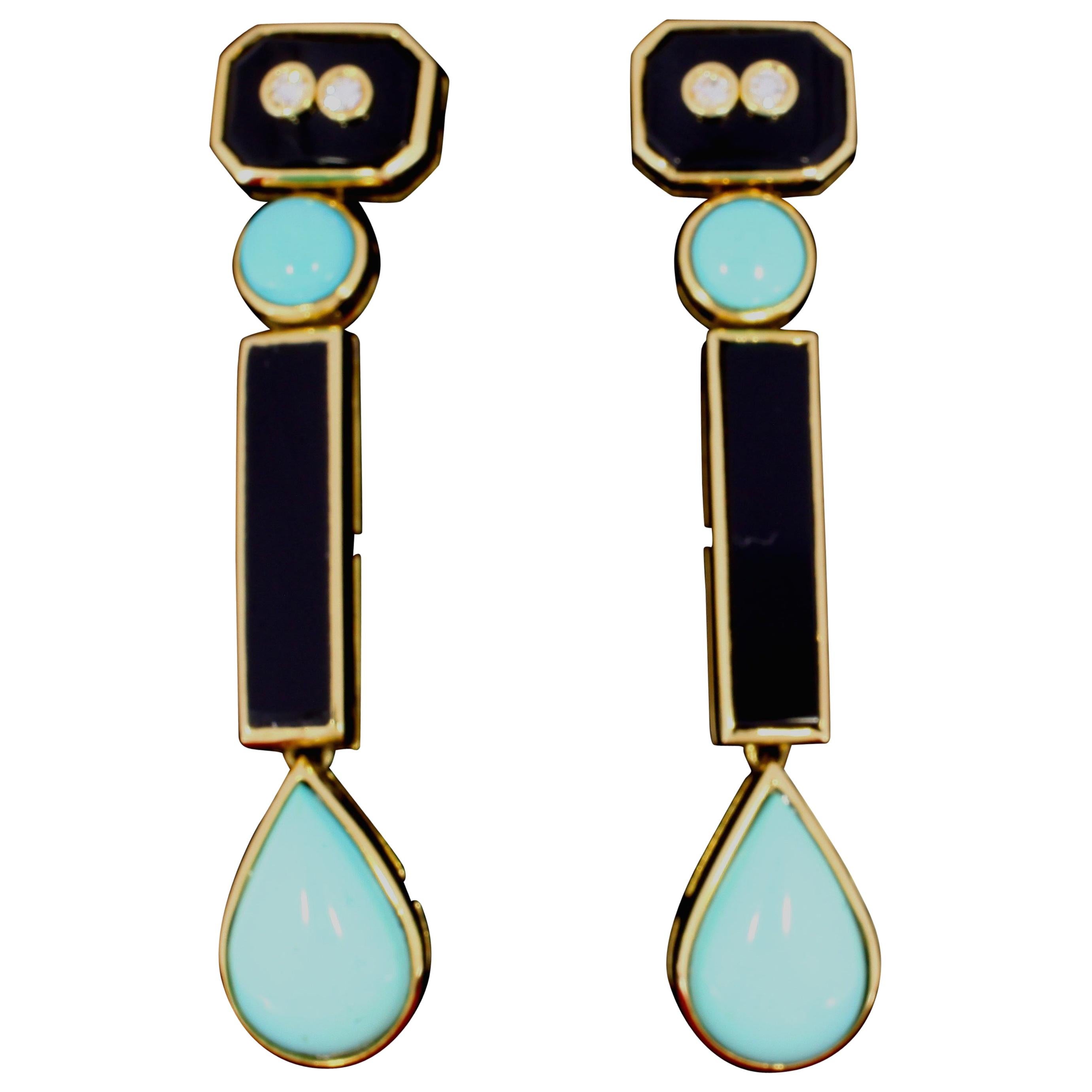 Onyx Turquoise Diamond and Gold Art Deco Dangling Earrings For Sale