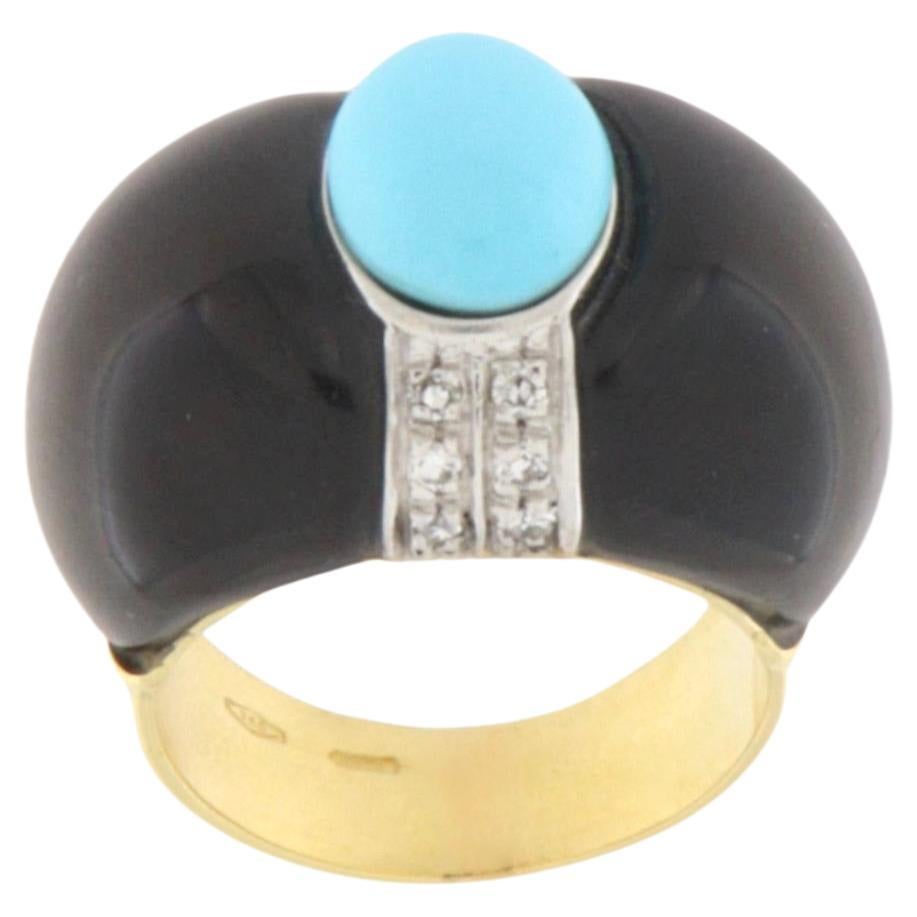 Onyx Turquesa Diamantes Anillo Cóctel Oro Amarillo 18 Kt