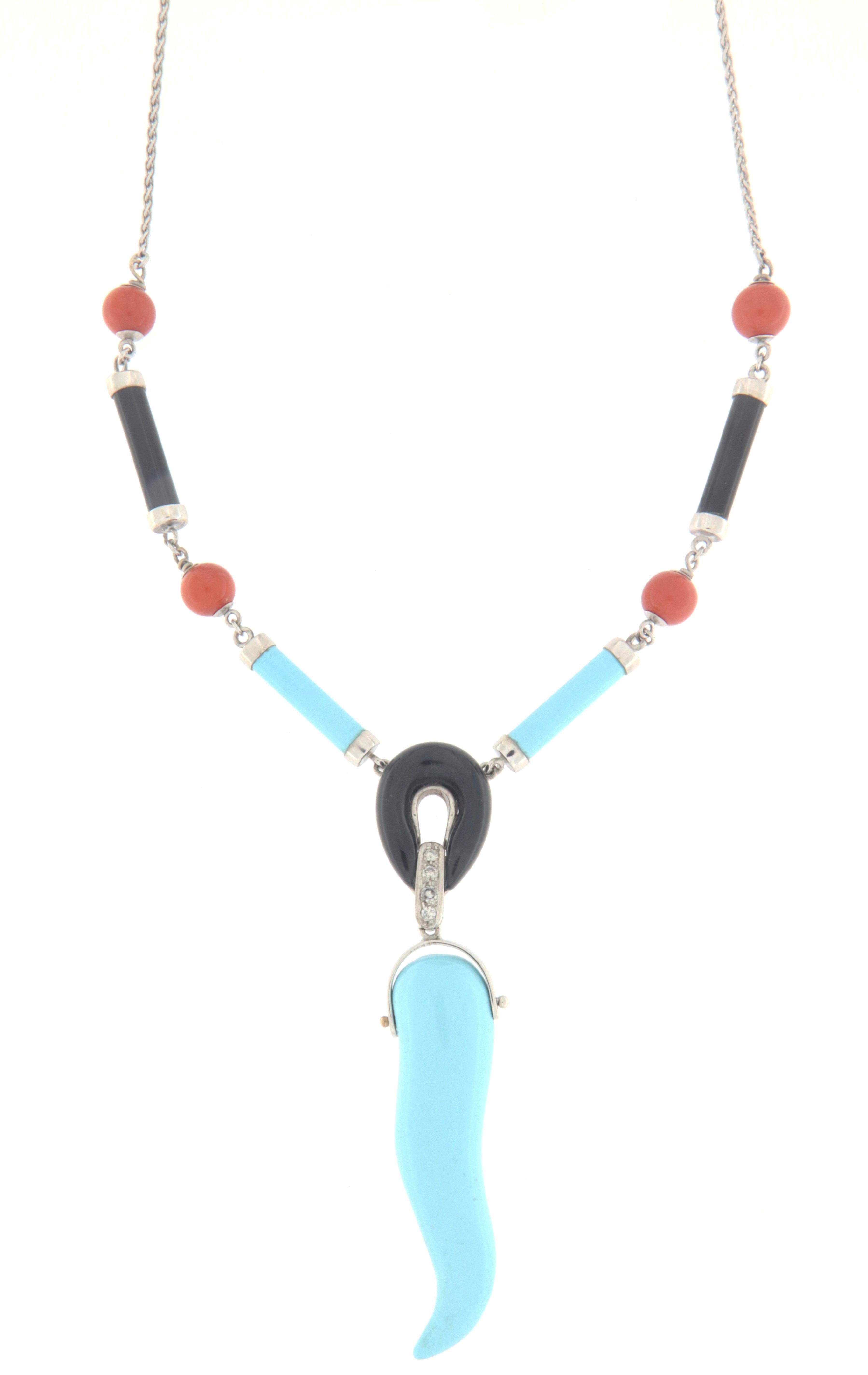 Artisan Onyx Turquoise Diamonds Coral 18 Karat White Gold Pendant Necklace For Sale