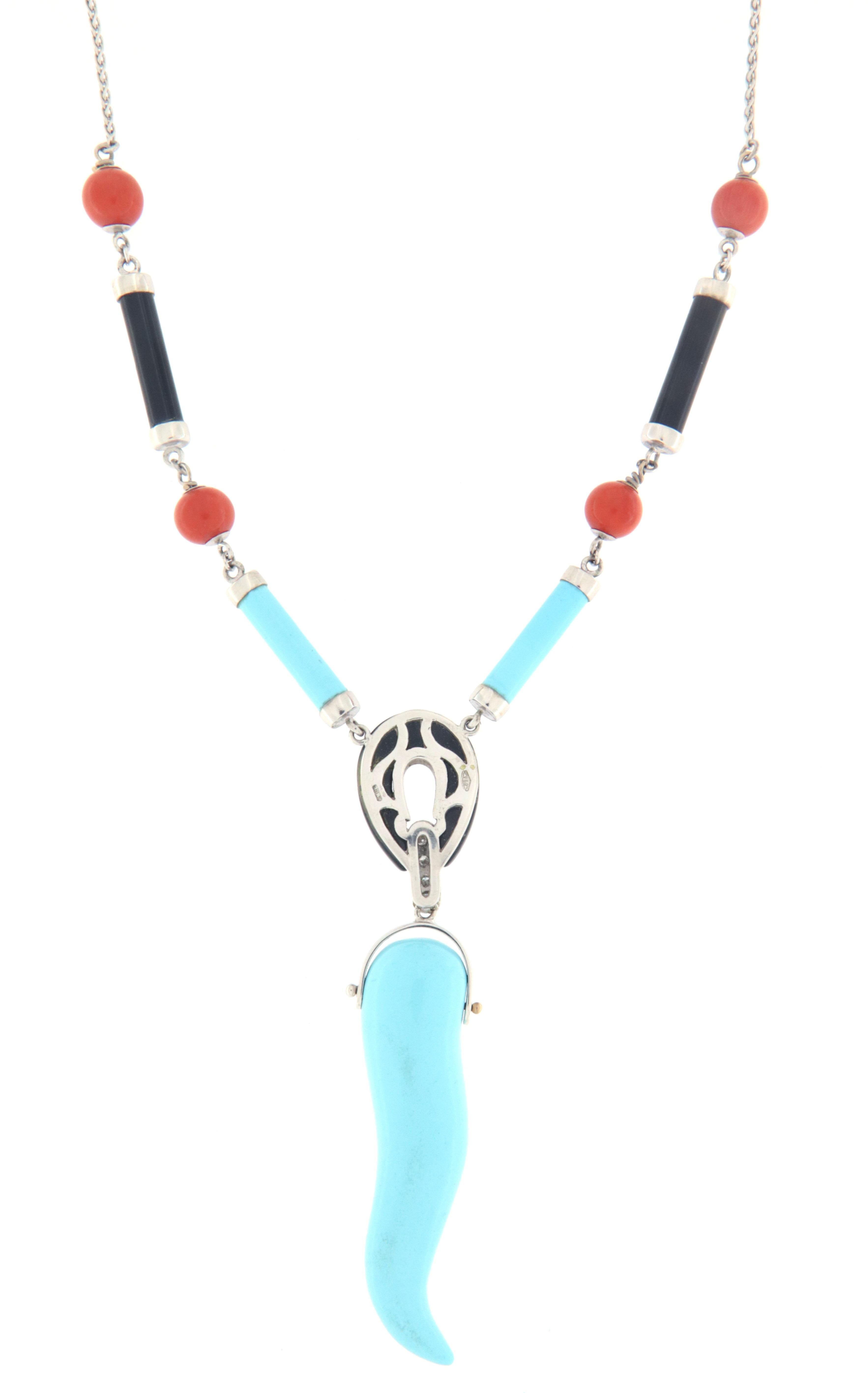 Women's Onyx Turquoise Diamonds Coral 18 Karat White Gold Pendant Necklace For Sale