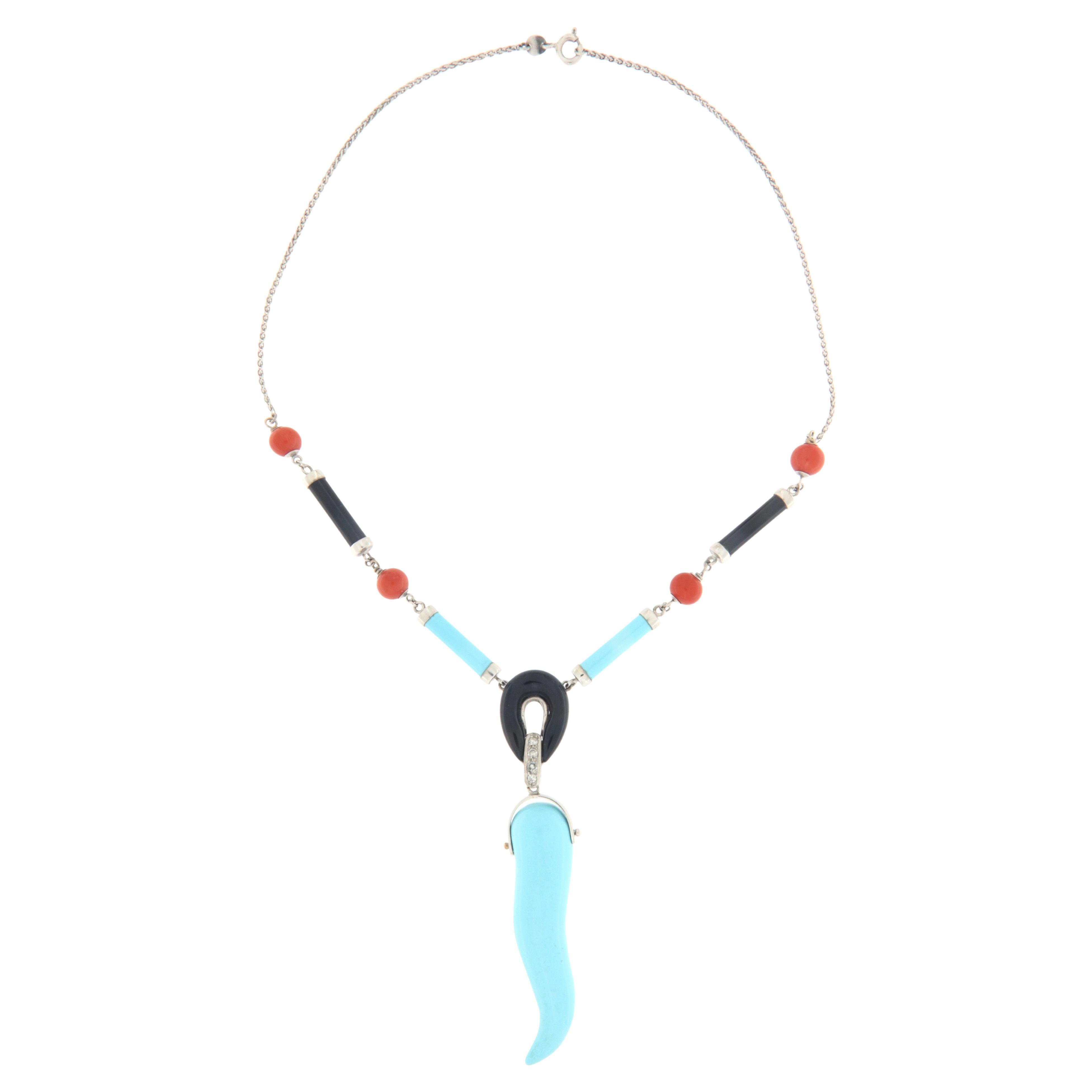 Onyx Turquoise Diamonds Coral 18 Karat White Gold Pendant Necklace For Sale