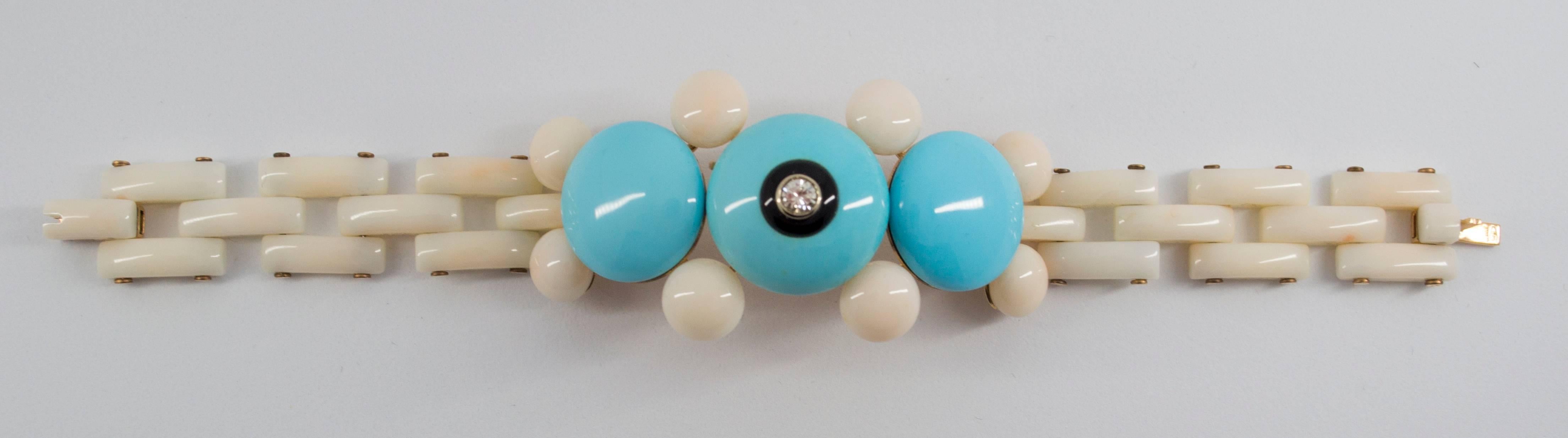 This Bracelet is made of 14K Yellow Gold.
This Bracelet has Onyx, White Coral and Turquoise.
This bracelet has a 0.20 Carats Diamond.
We're a workshop so every piece is handmade, customizable and resizable.