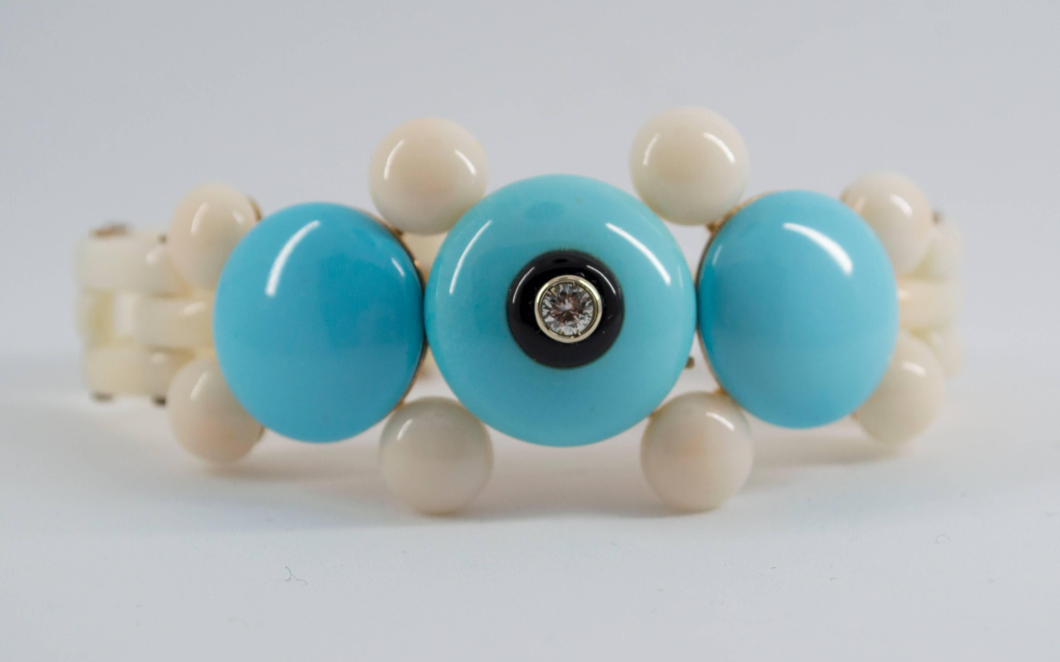 Onyx Turquoise White Coral Diamond Yellow Gold Bracelet In New Condition In Naples, IT